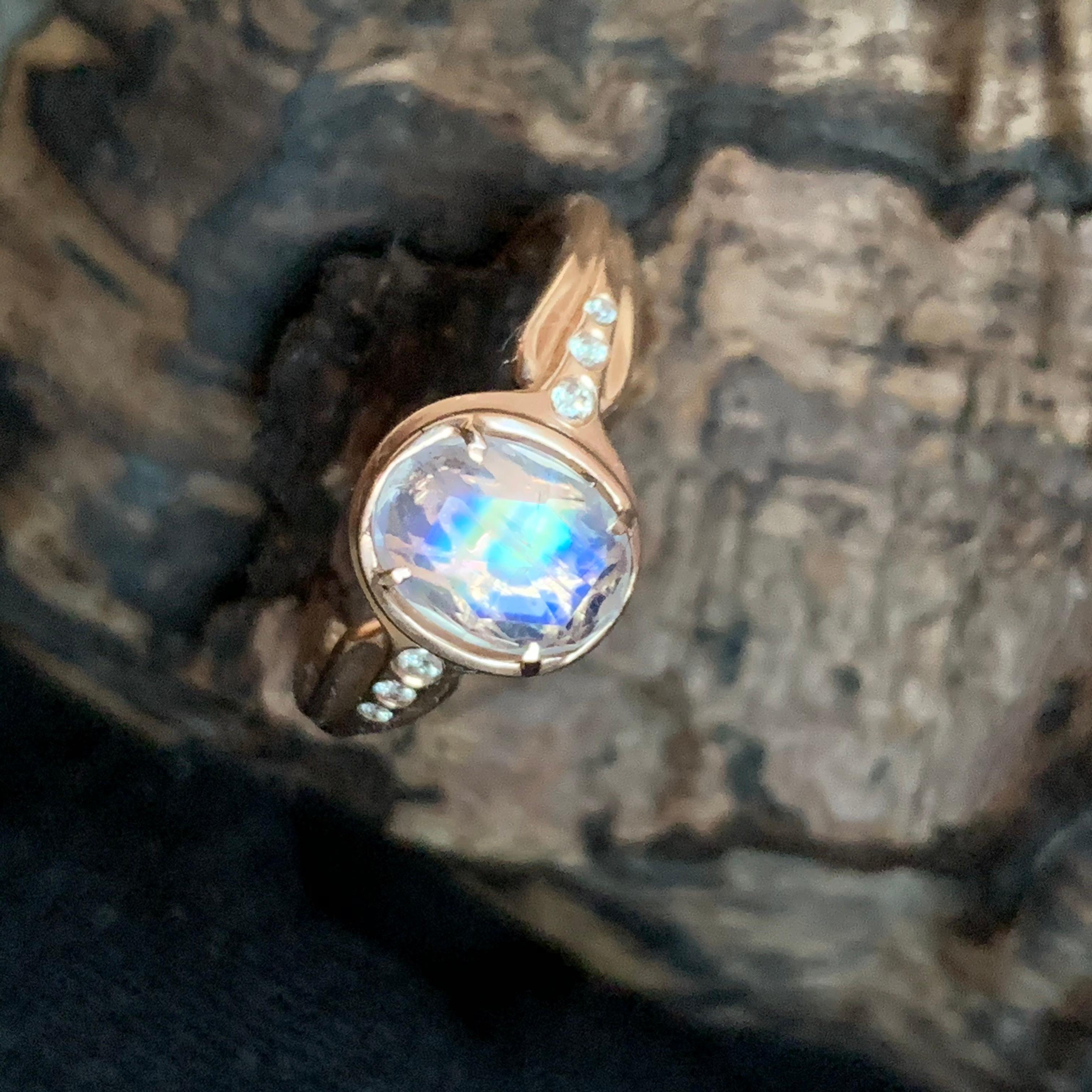 Women's 14 Karat Rose Gold Ring with Rose Cut Blue Moonstone and Diamond accents For Sale