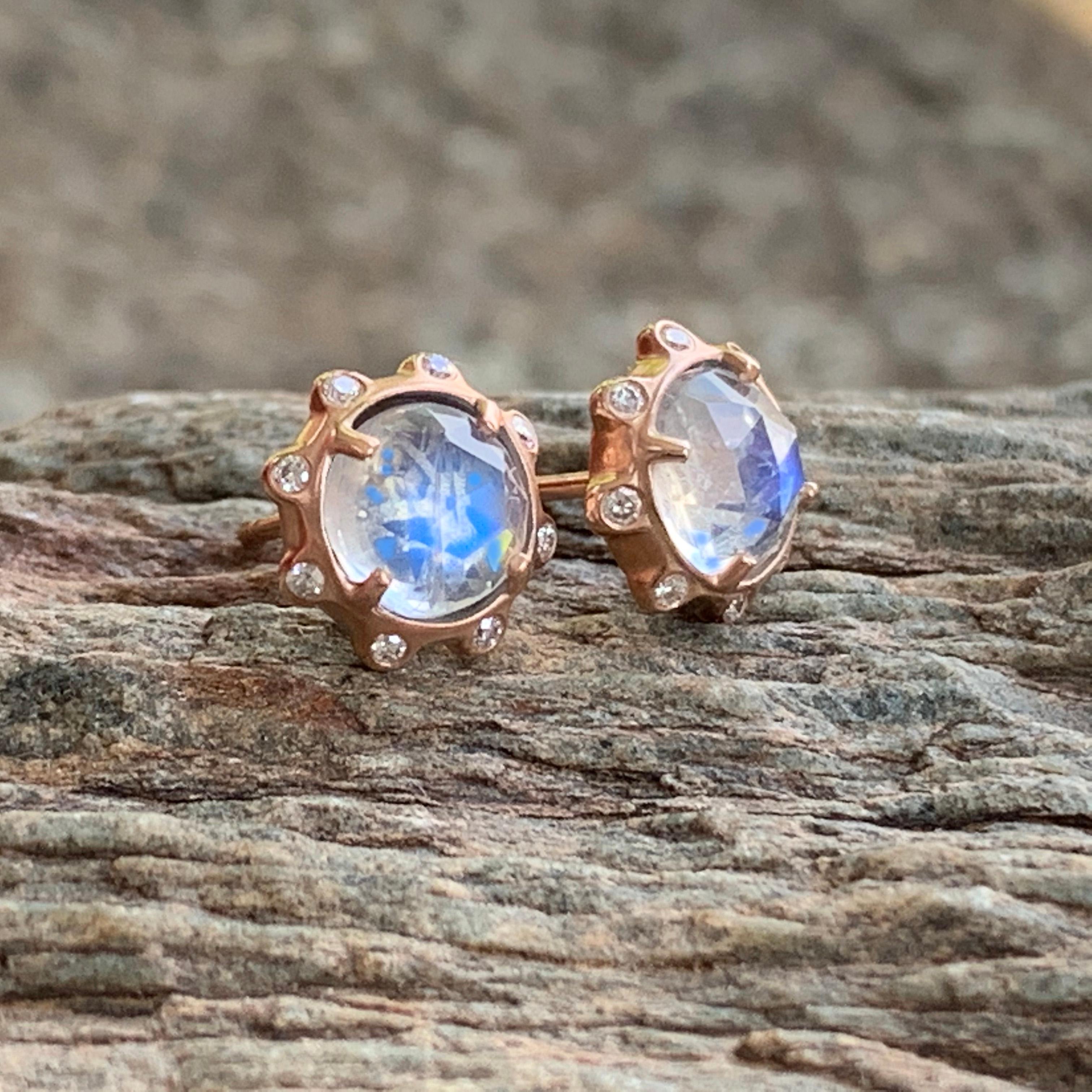 Women's 14kt Rose Gold Stud Earring with Round Rose Cut Moonstones and Diamond accents For Sale
