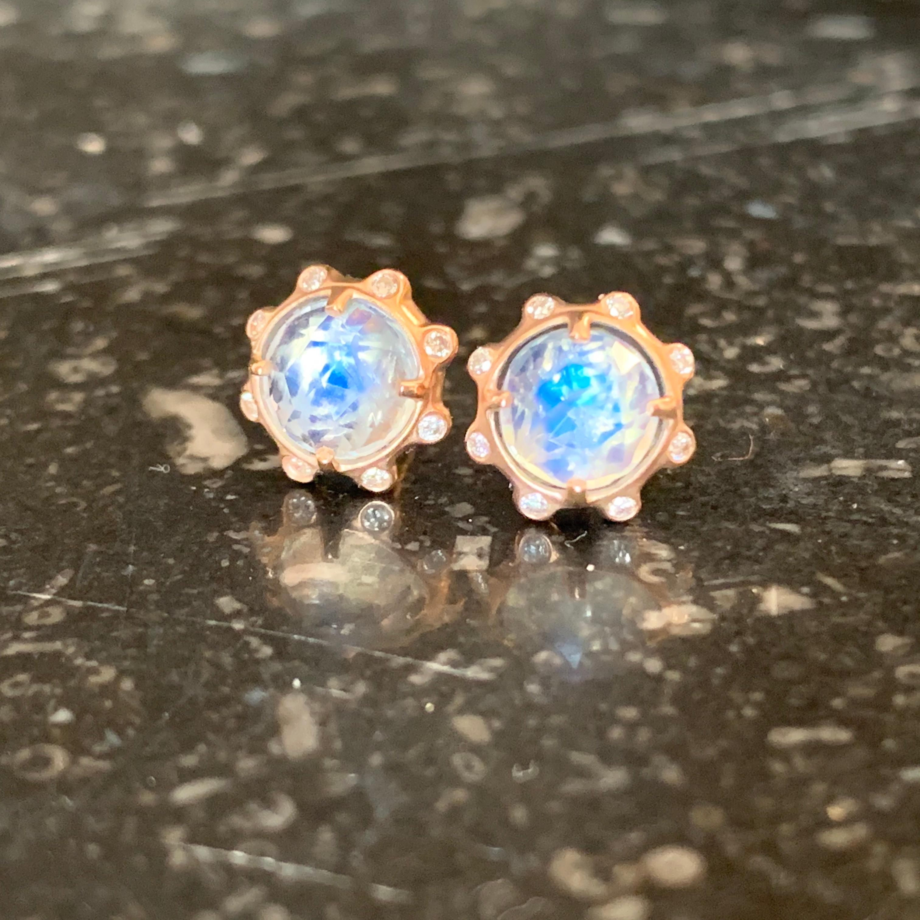 14kt Rose Gold Stud Earring with Round Rose Cut Moonstones and Diamond accents For Sale 2