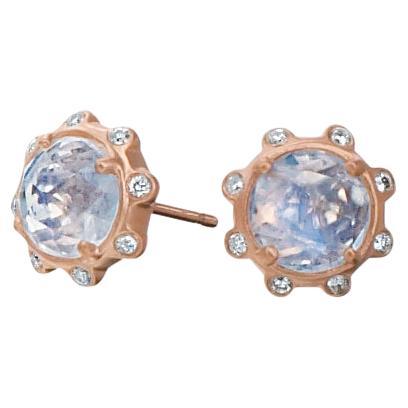 14kt Rose Gold Stud Earring with Round Rose Cut Moonstones and Diamond accents