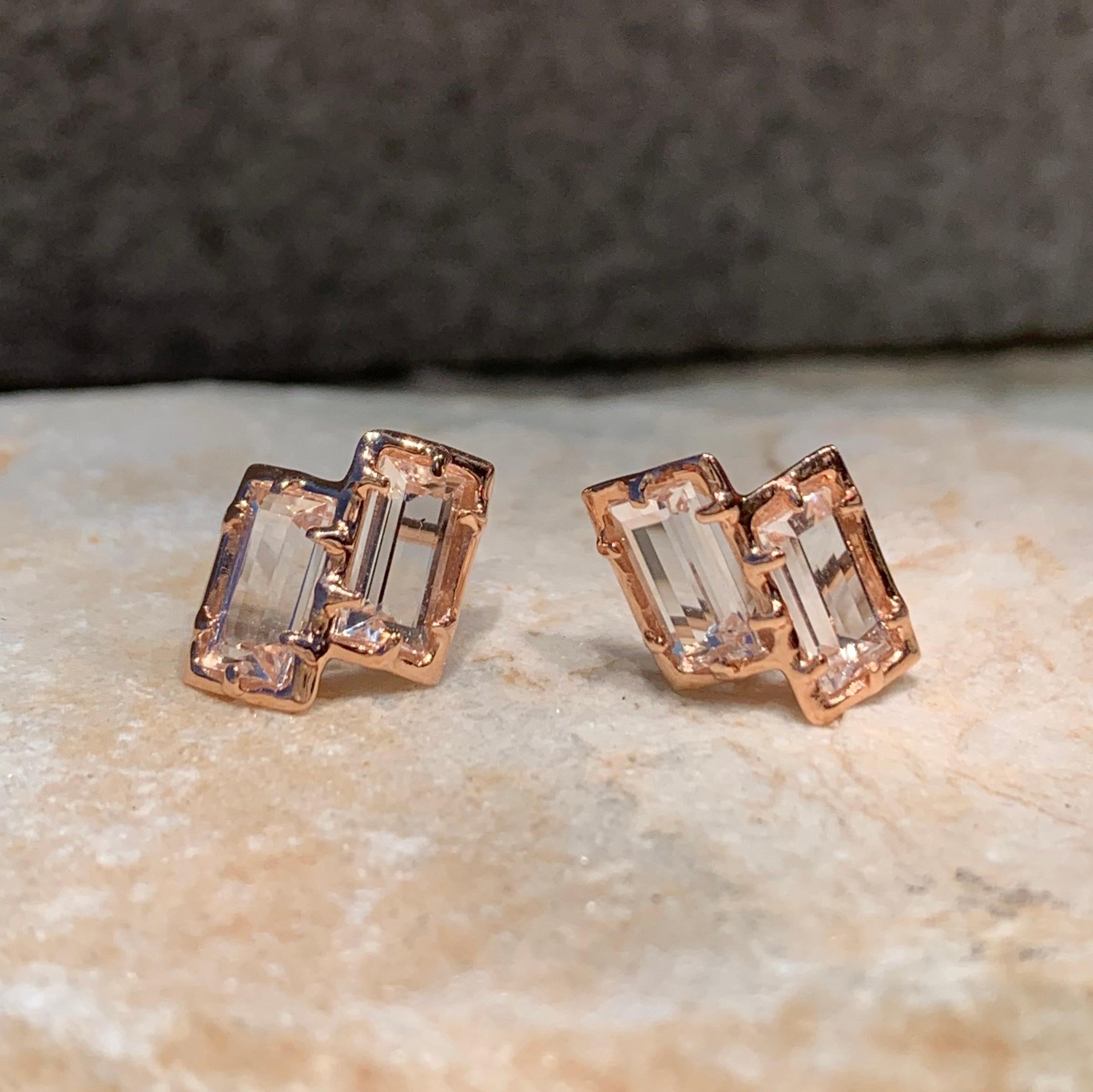 14 Karat Rose Gold Stud Earring with White Topaz Baguettes In New Condition For Sale In Weehawken, NJ