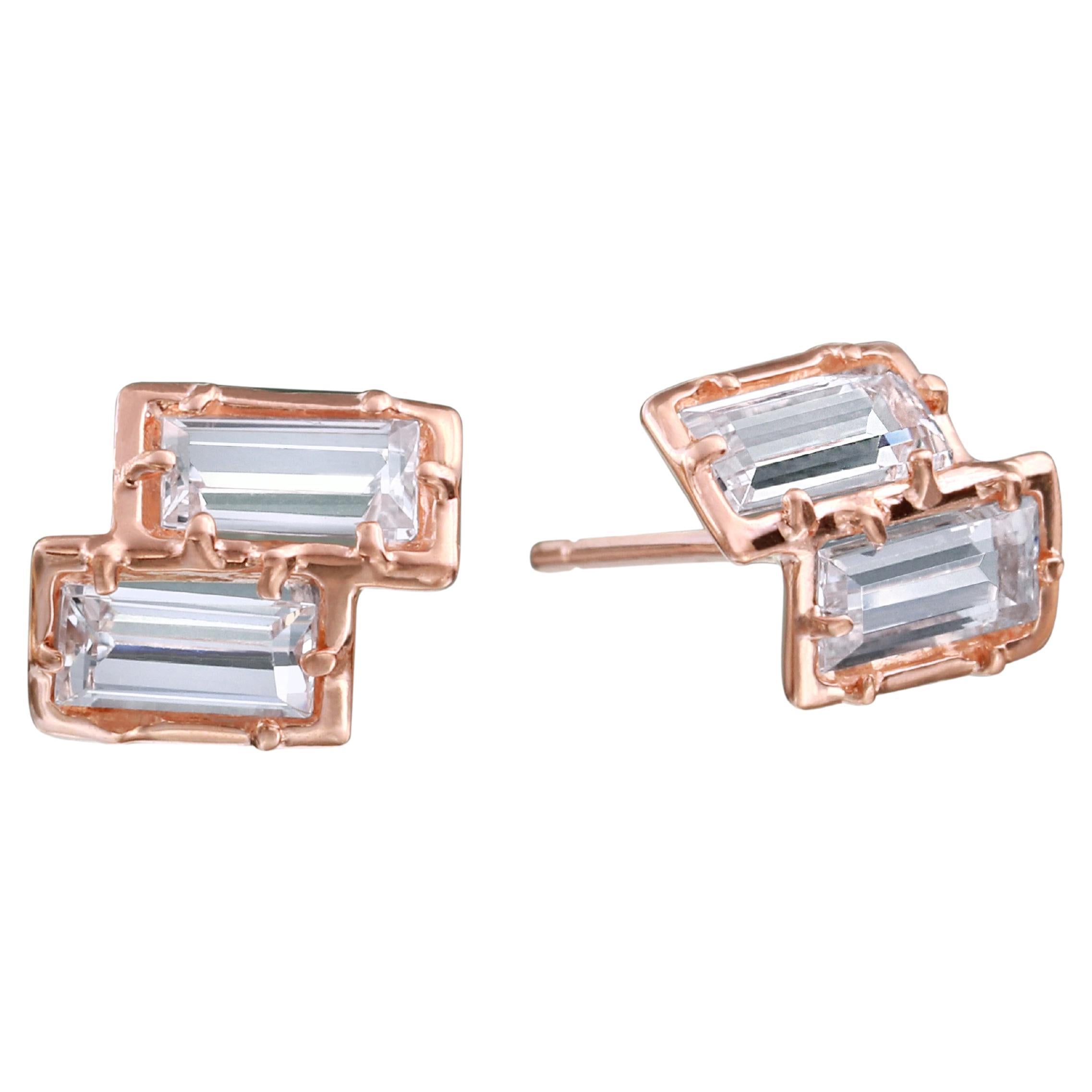 14 Karat Rose Gold Stud Earring with White Topaz Baguettes For Sale