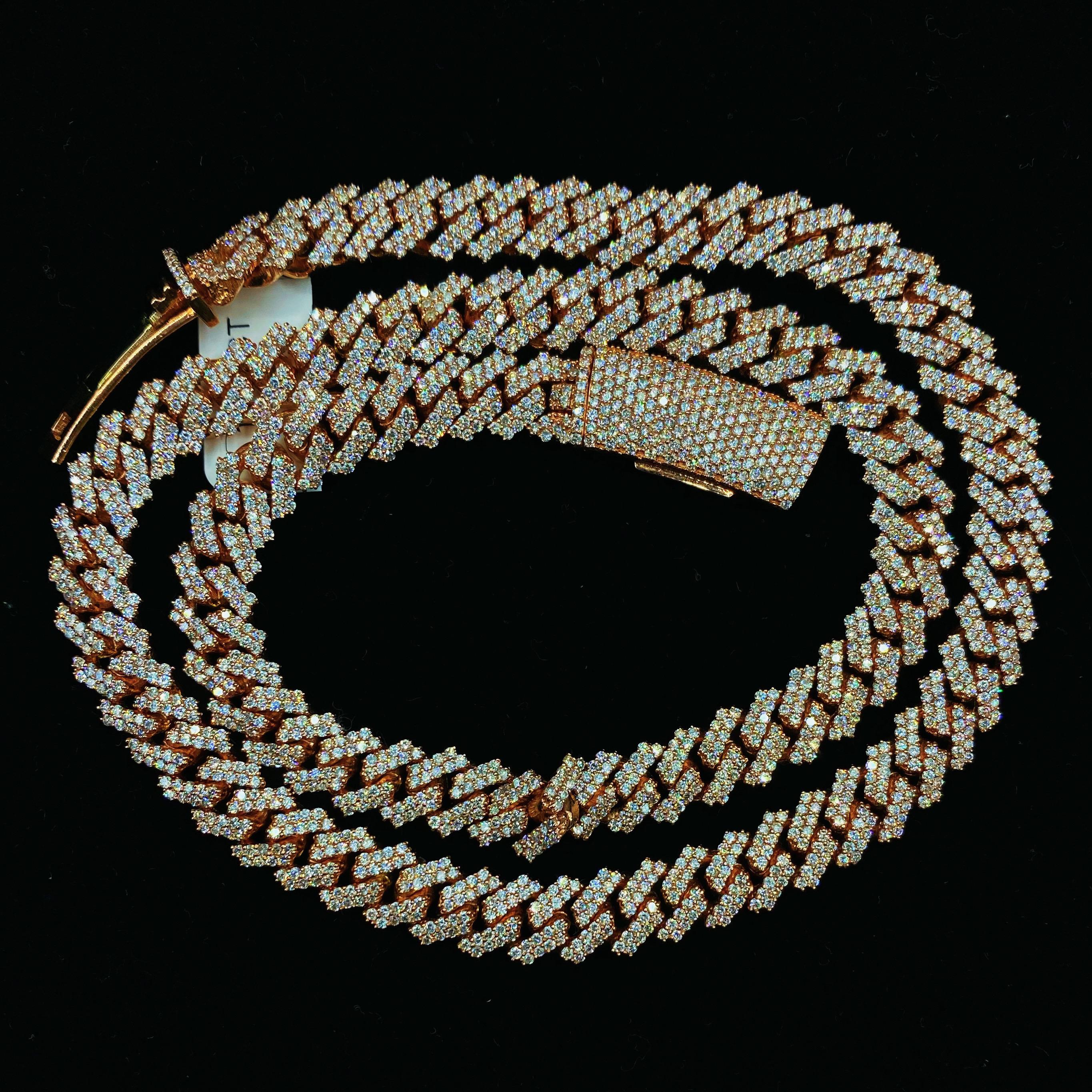 14kt Rose Gold Thin Cuban Link Chain With 17.05ct Diamonds  In Excellent Condition For Sale In New York, NY