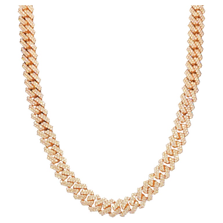 14kt Rose Gold Thin Cuban Link Chain With 17.05ct Diamonds For Sale at