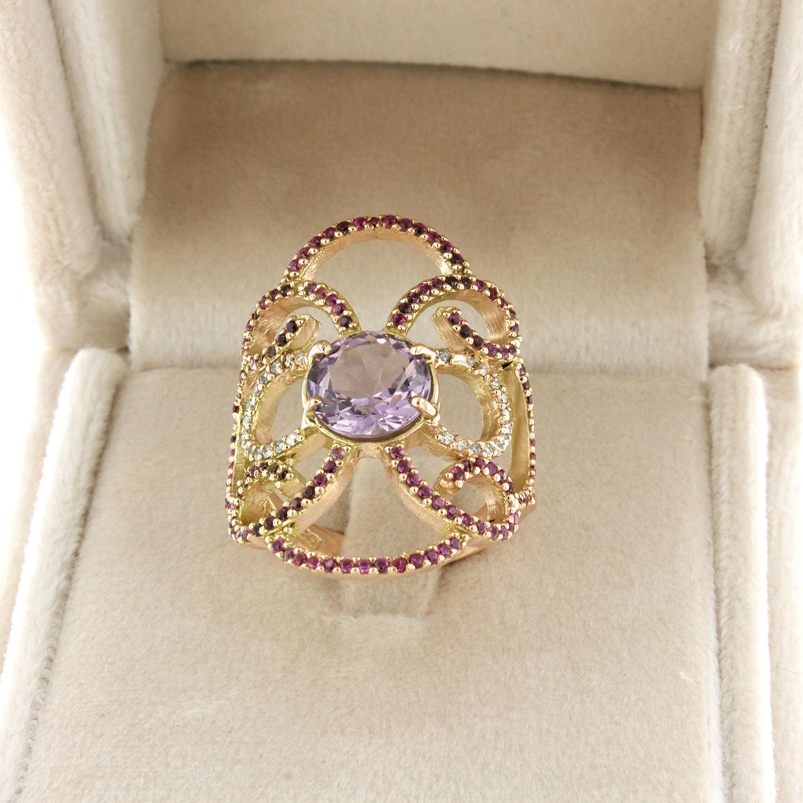 Ring with a refined and unique manufacture. Made in Italy by expert hands.
earrings in rose gold 14kt g.8.80    Stones: round cut , Amethyst, white diamonds cts 0.28  and Ruby. 
Size of ring:  EU 20 - 60   USA 9  
(Possibility to have  earrings  in