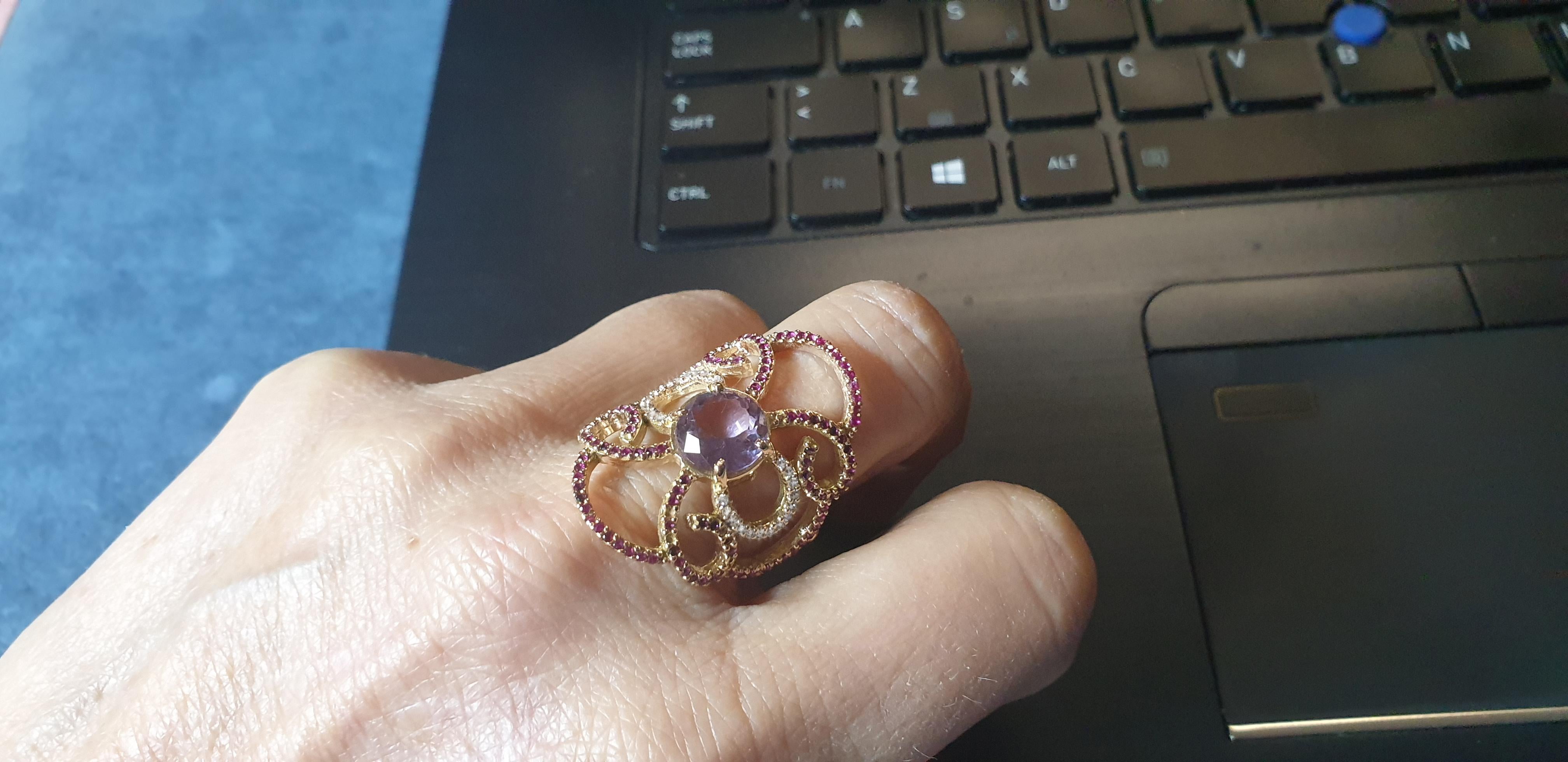 Artisan 14Kt Rose Gold with Ametist Whyte Diamonds and Ruby Ring For Sale