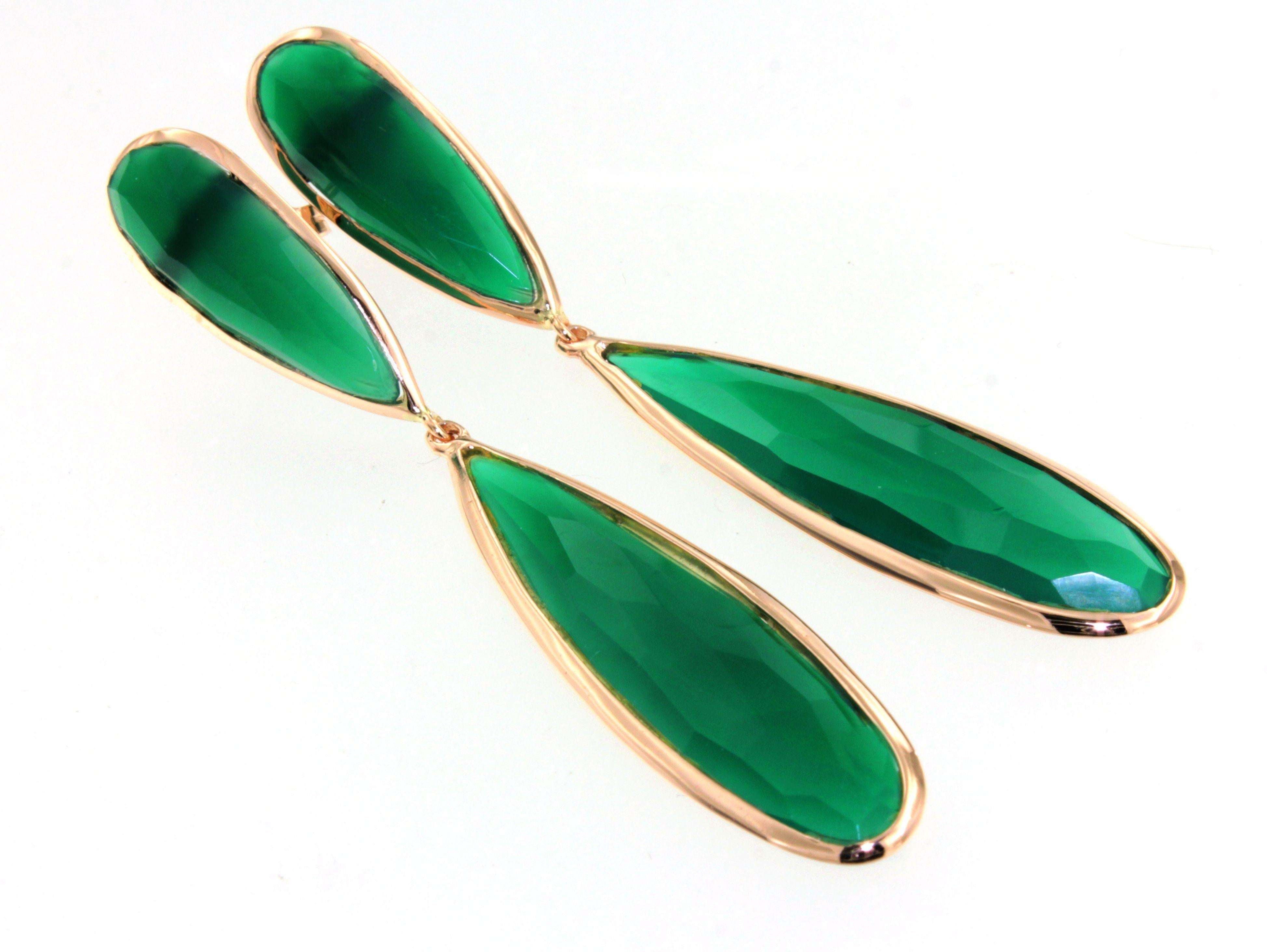 Fashion modern earrings in 14kt rose gold with green agata  stone  handemade in Italy by Stanoppi Jewellery since 1948.  The stone is a real novelty, designed by the stylist Gisella for her new jewels of the spring-summer 2025 collection. I design