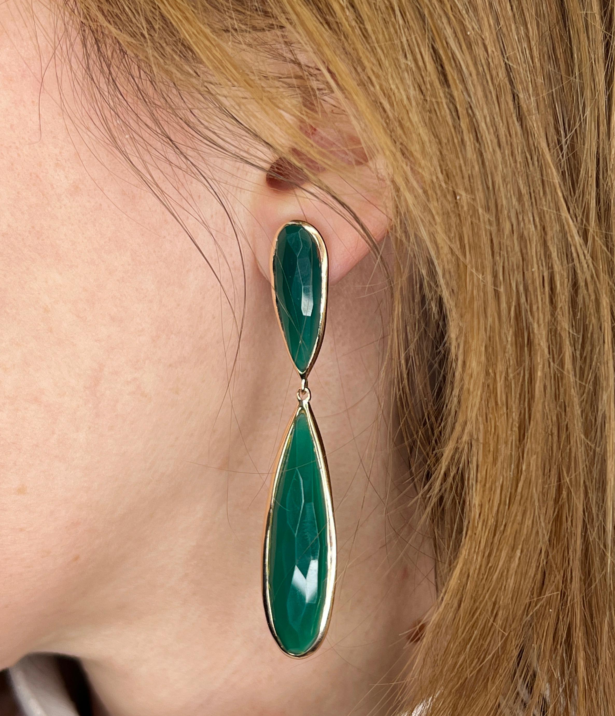 Rose Cut 14KT Rose Gold with Green Agata Natural  Stone Modern Amazing  Earrings For Sale