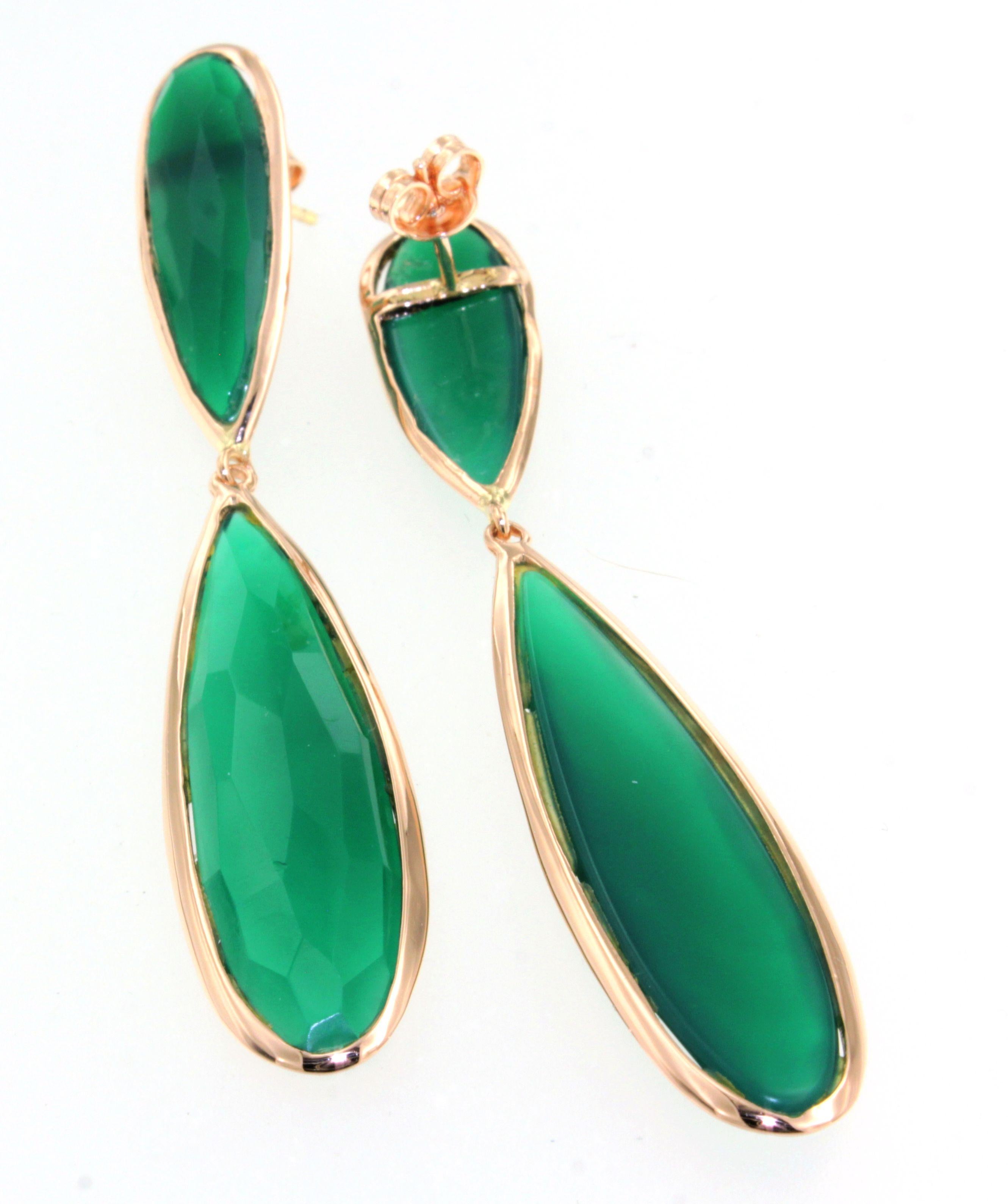 Women's 14KT Rose Gold with Green Agata Natural  Stone Modern Amazing  Earrings For Sale