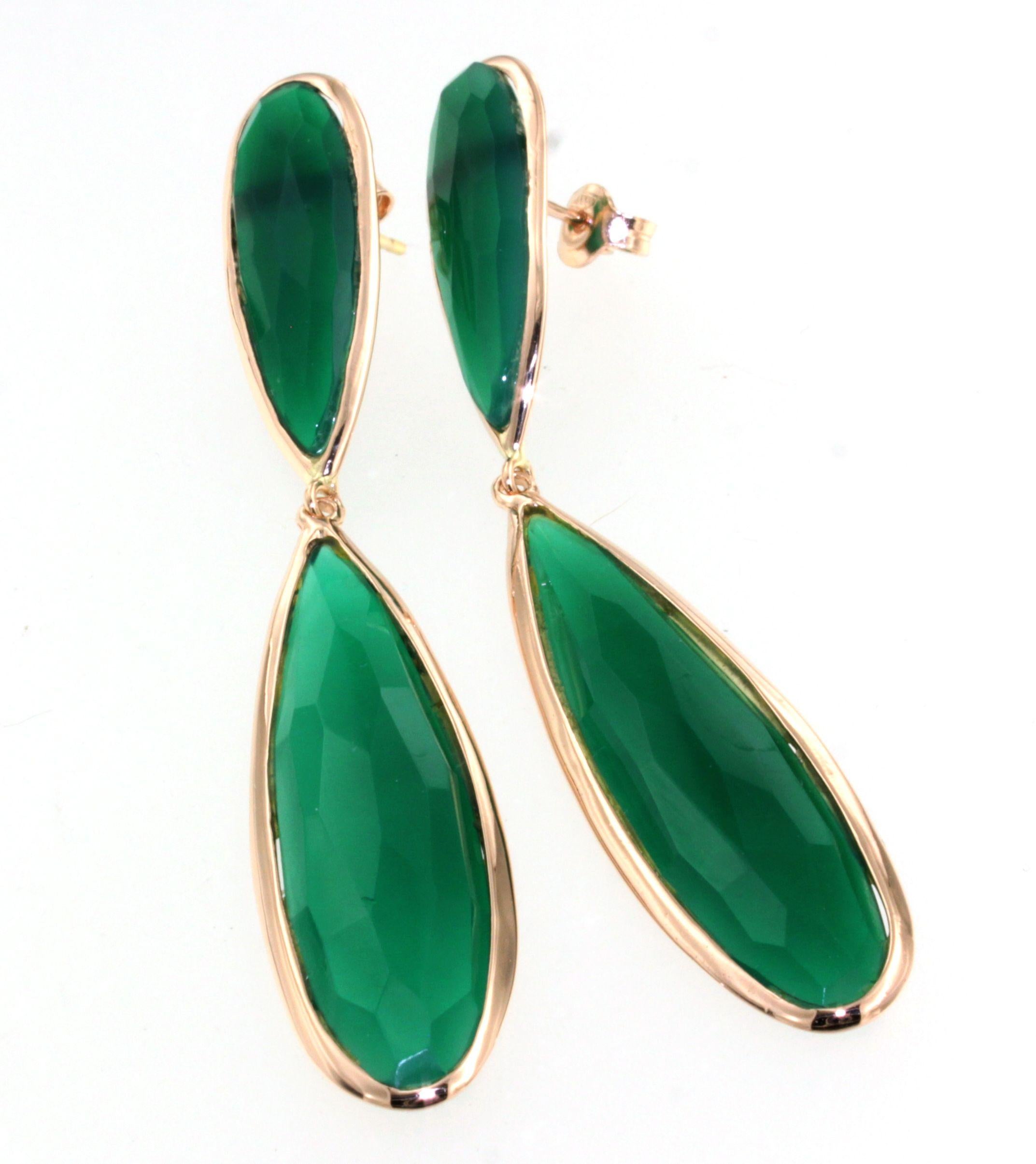 14KT Rose Gold with Green Agata Natural  Stone Modern Amazing  Earrings For Sale 1