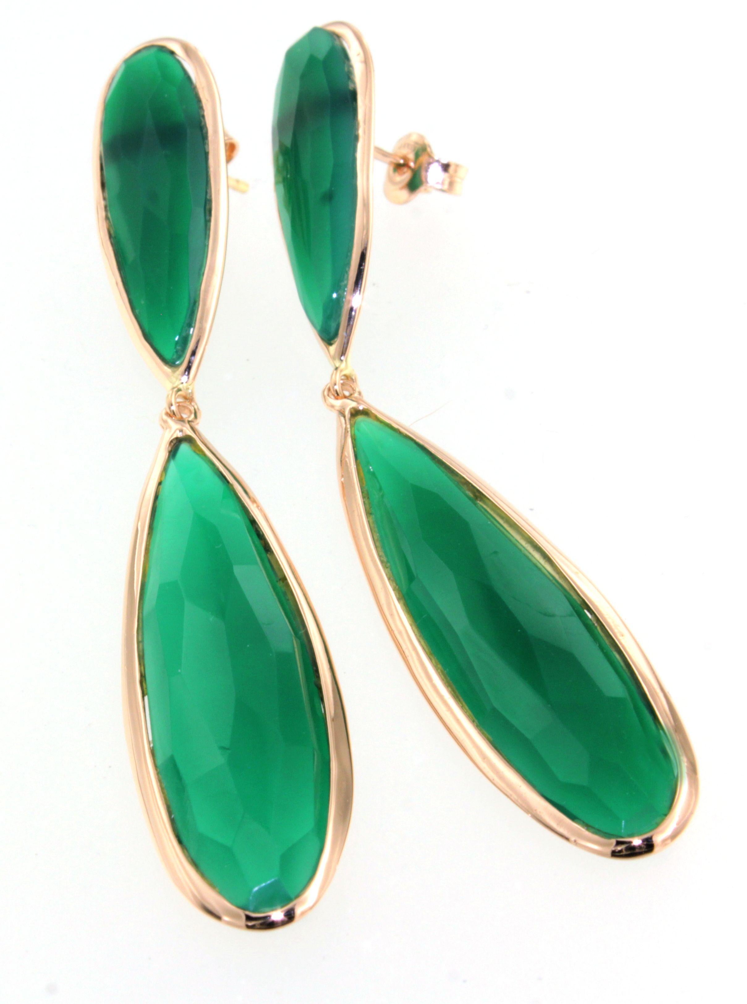 14KT Rose Gold with Green Agata Natural  Stone Modern Amazing  Earrings For Sale 3