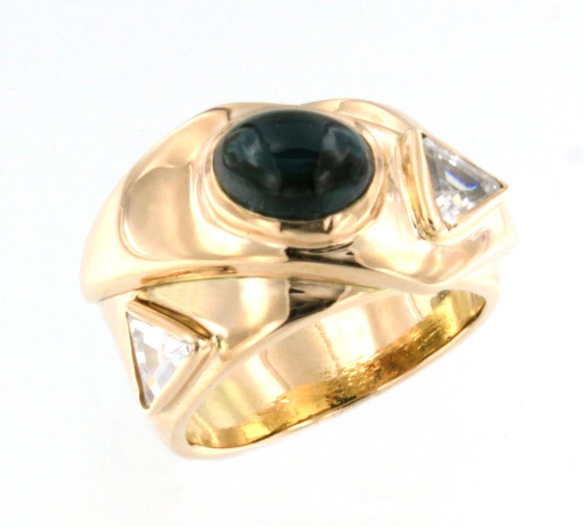 Modern 14kt Rose Gold with Green Tourmaline and Whit Triangular Swarovski Stone Ring For Sale