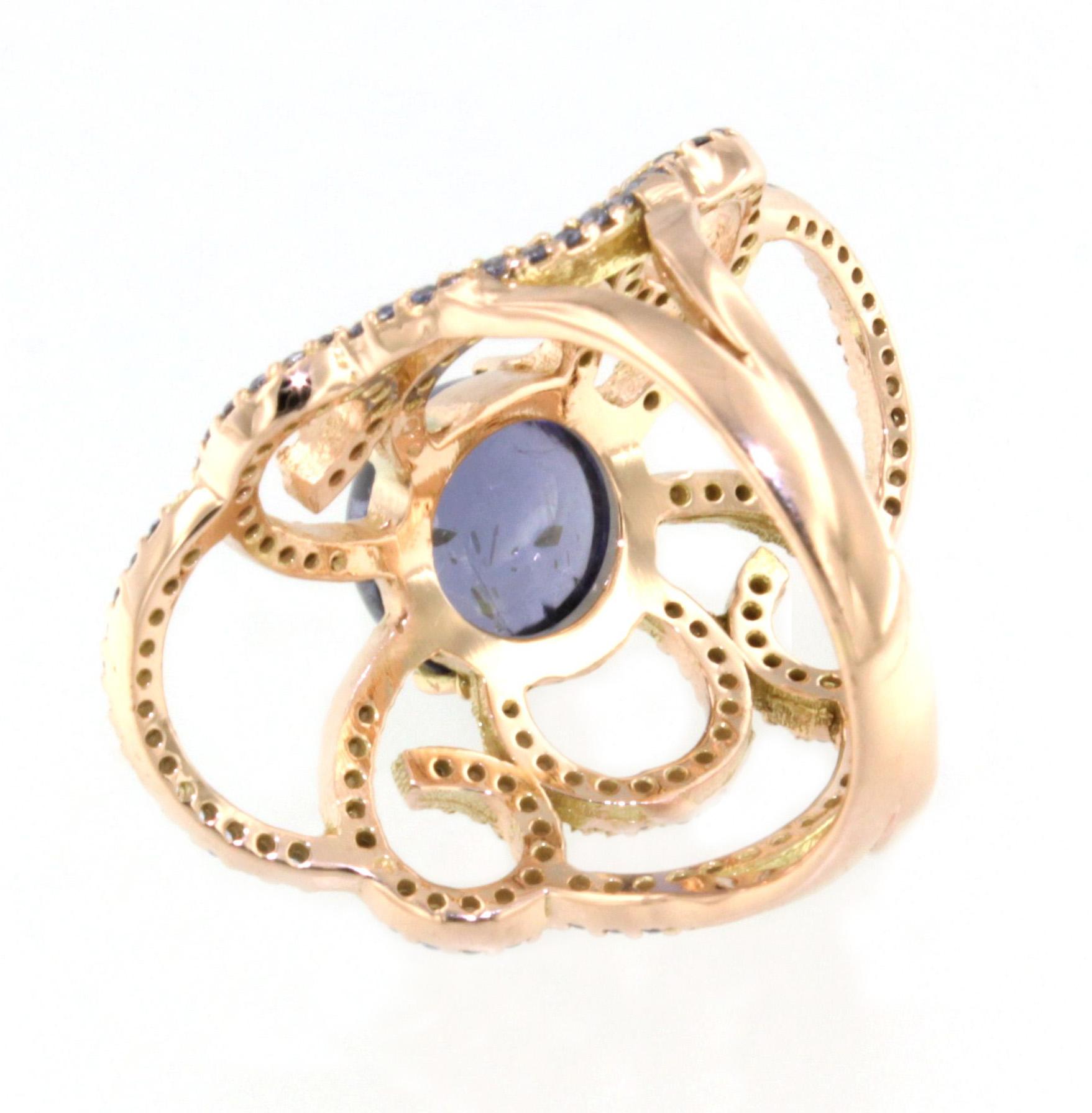 Brilliant Cut 14kt Rose Gold with Iolite Tanzanite and White Diamonds Cocktail Modern Ring For Sale