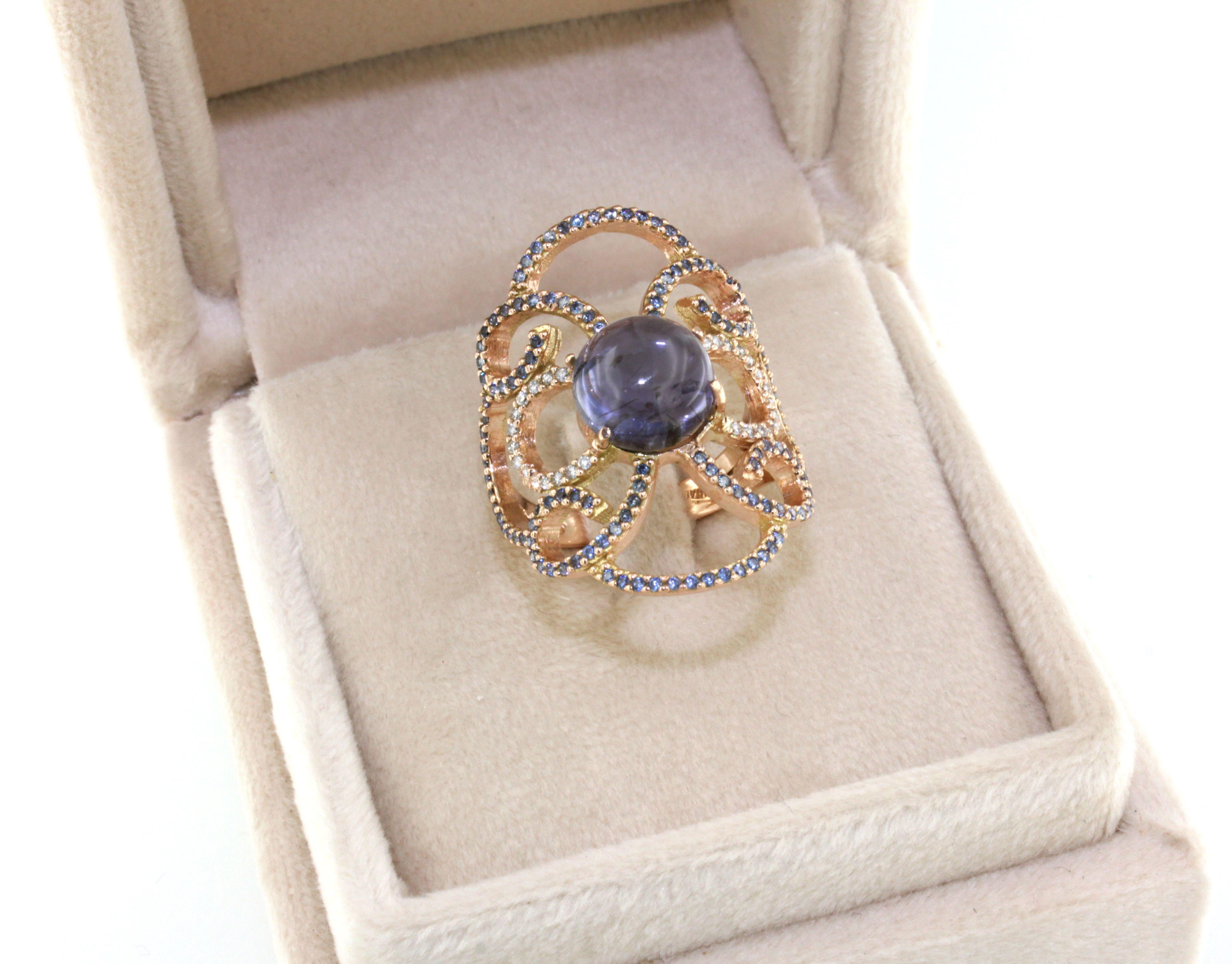 14kt Rose Gold with Iolite Tanzanite and White Diamonds Cocktail Modern Ring In New Condition For Sale In GALLARATE, IT