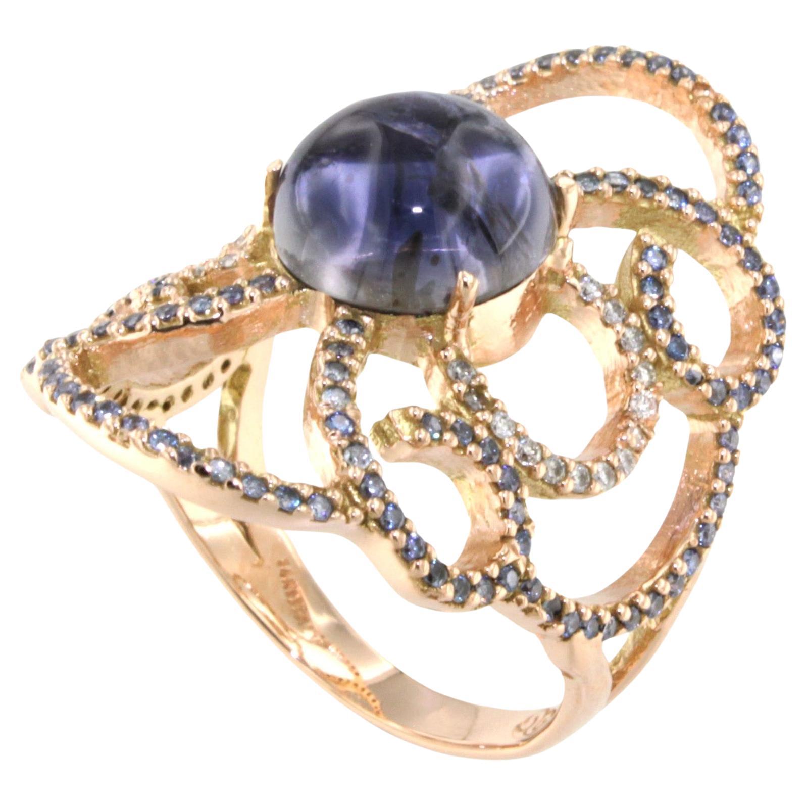 Bague cocktail moderne en or rose 14 carats avec tanzanite et diamants blancs