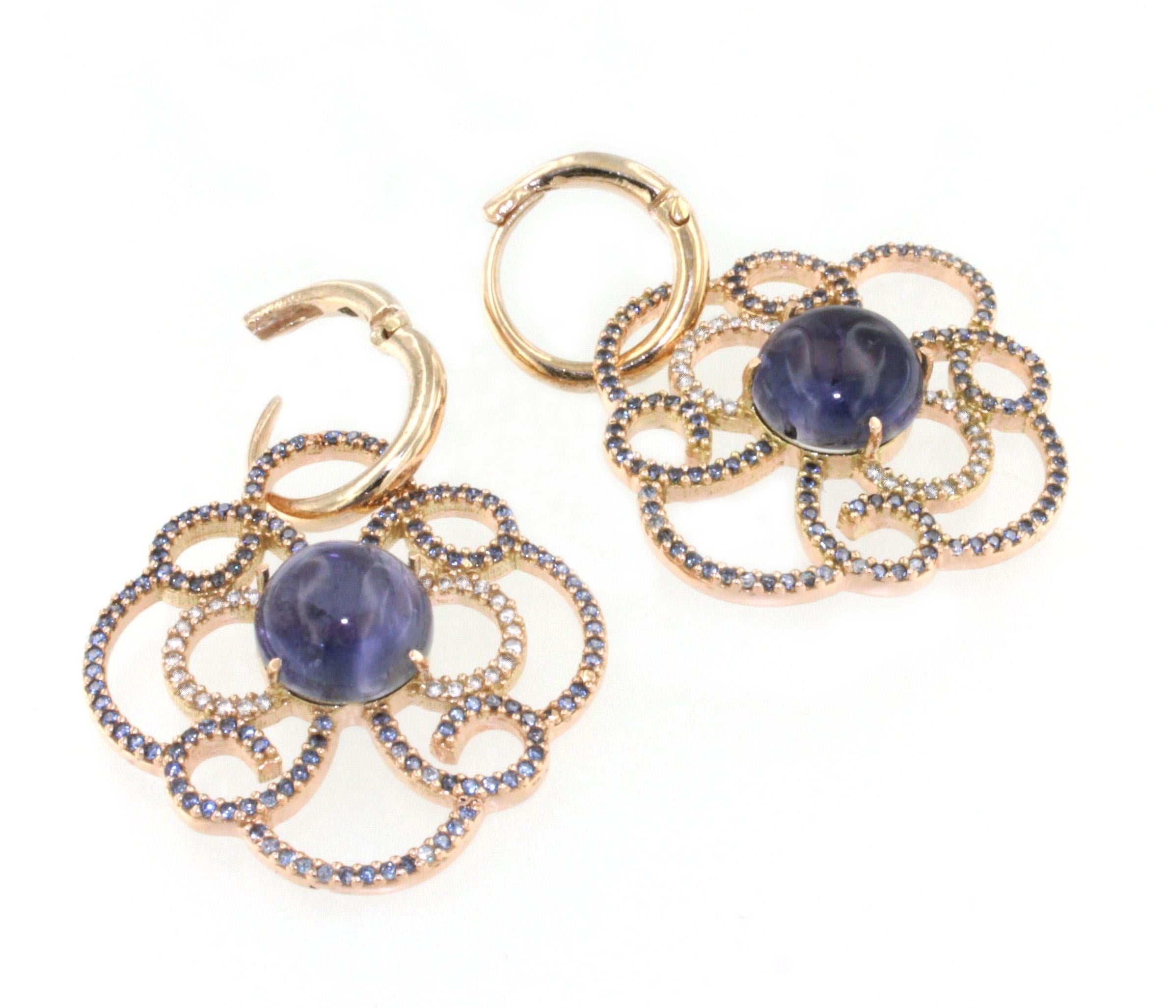Cabochon 14kt Rose Gold with Iolite Tanzanites and White Diamonds Modern Earrings For Sale
