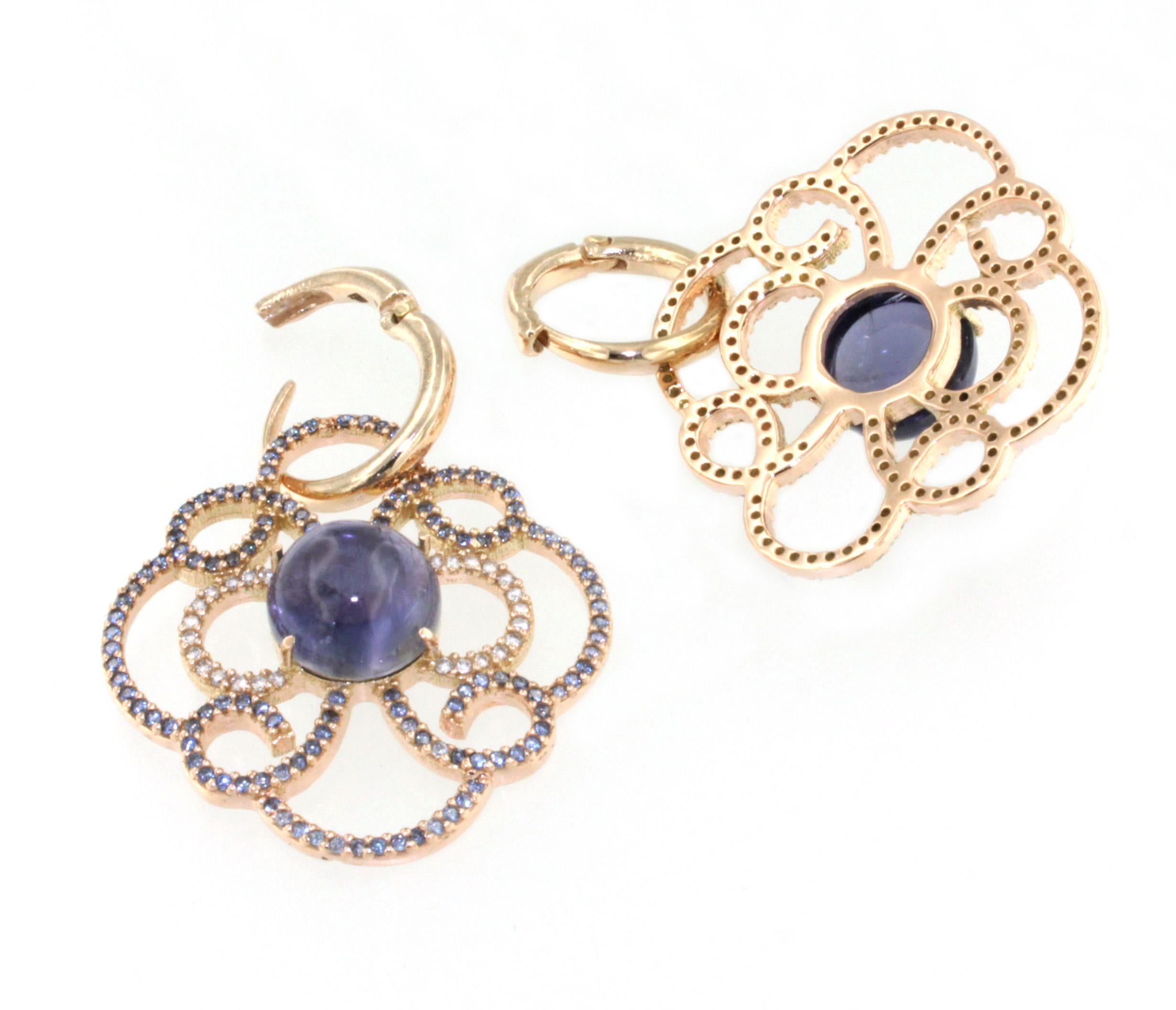 14kt Rose Gold with Iolite Tanzanites and White Diamonds Modern Earrings In New Condition For Sale In GALLARATE, IT
