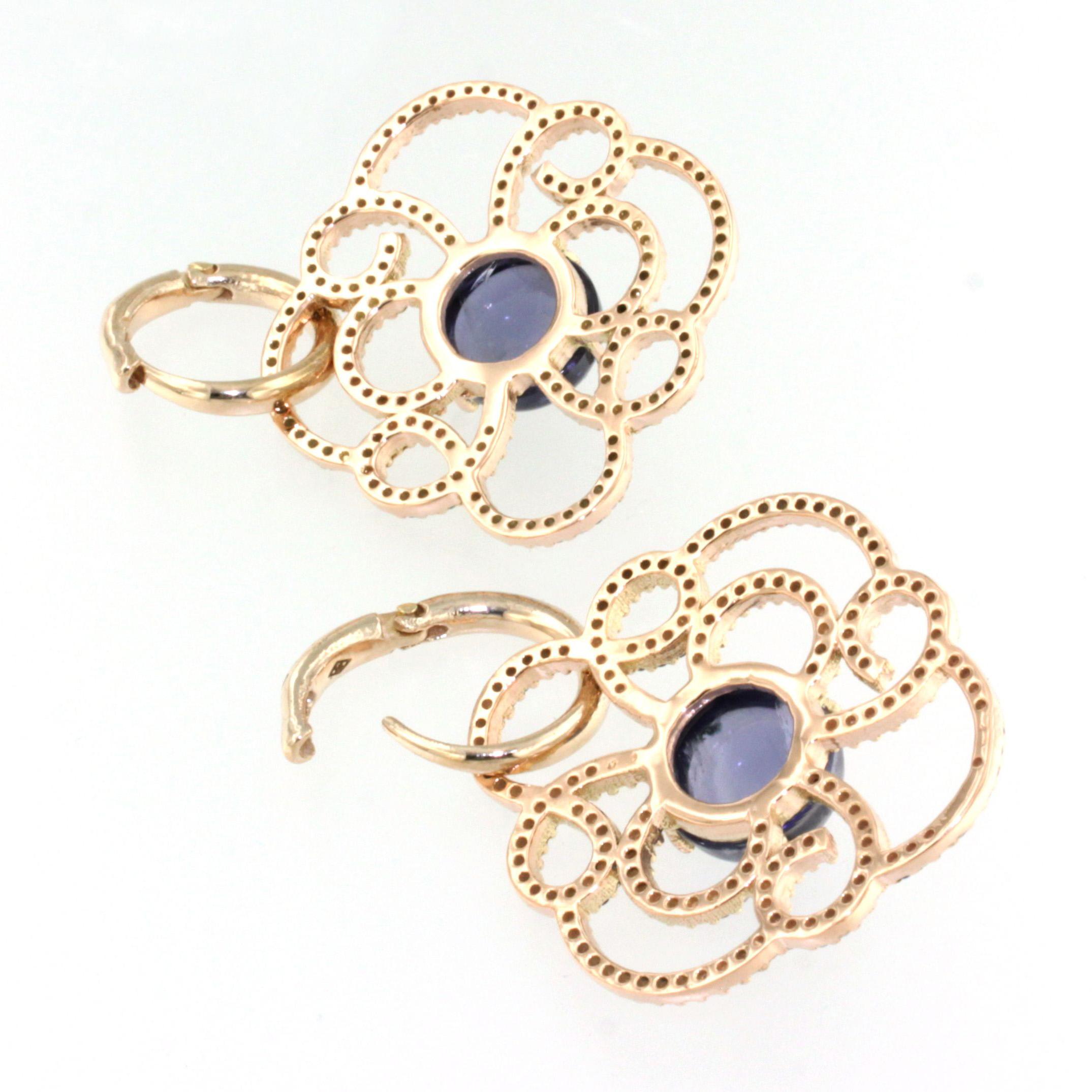 Women's or Men's 14kt Rose Gold with Iolite Tanzanites and White Diamonds Modern Earrings For Sale