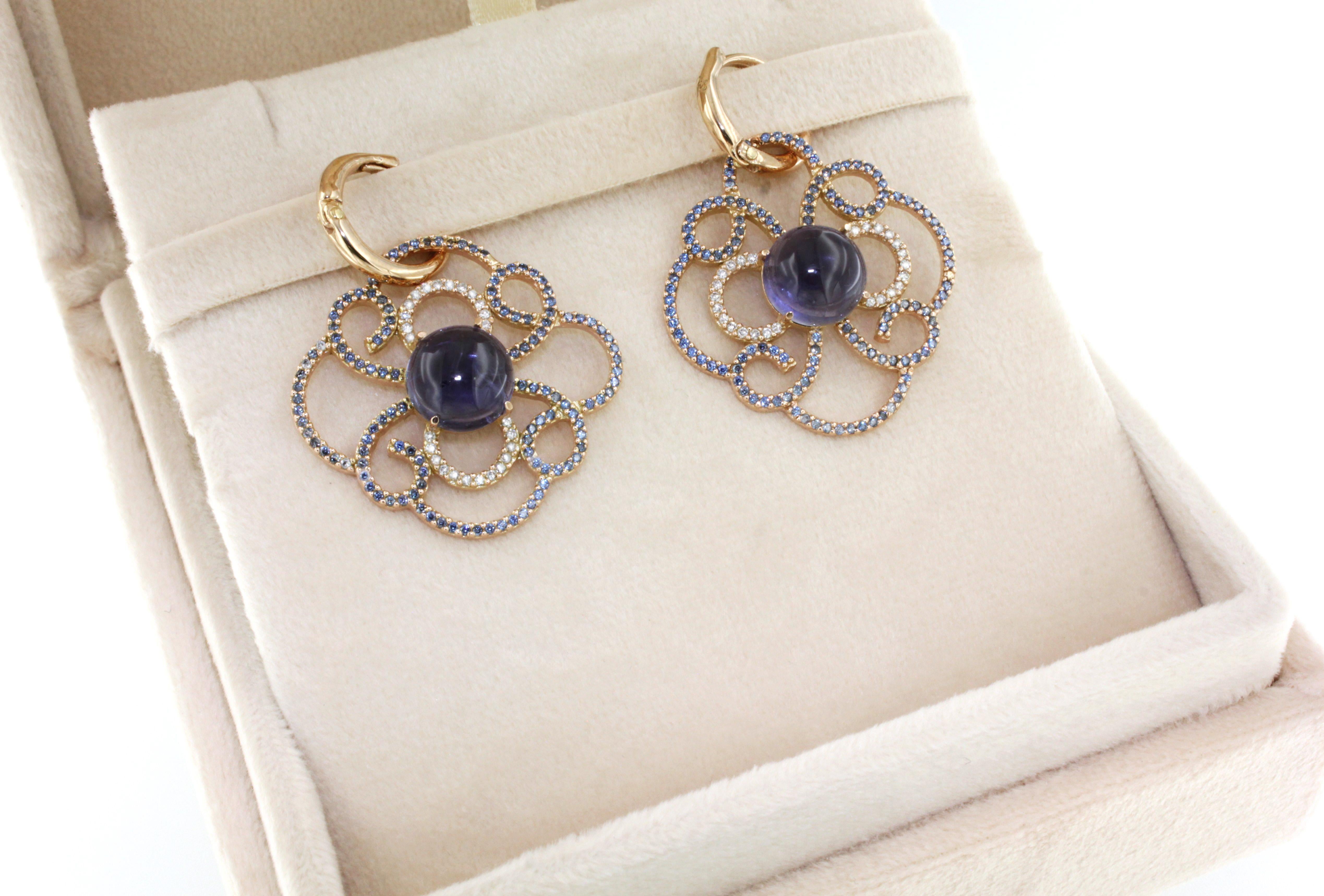 14kt Rose Gold with Iolite Tanzanites and White Diamonds Modern Earrings For Sale 1