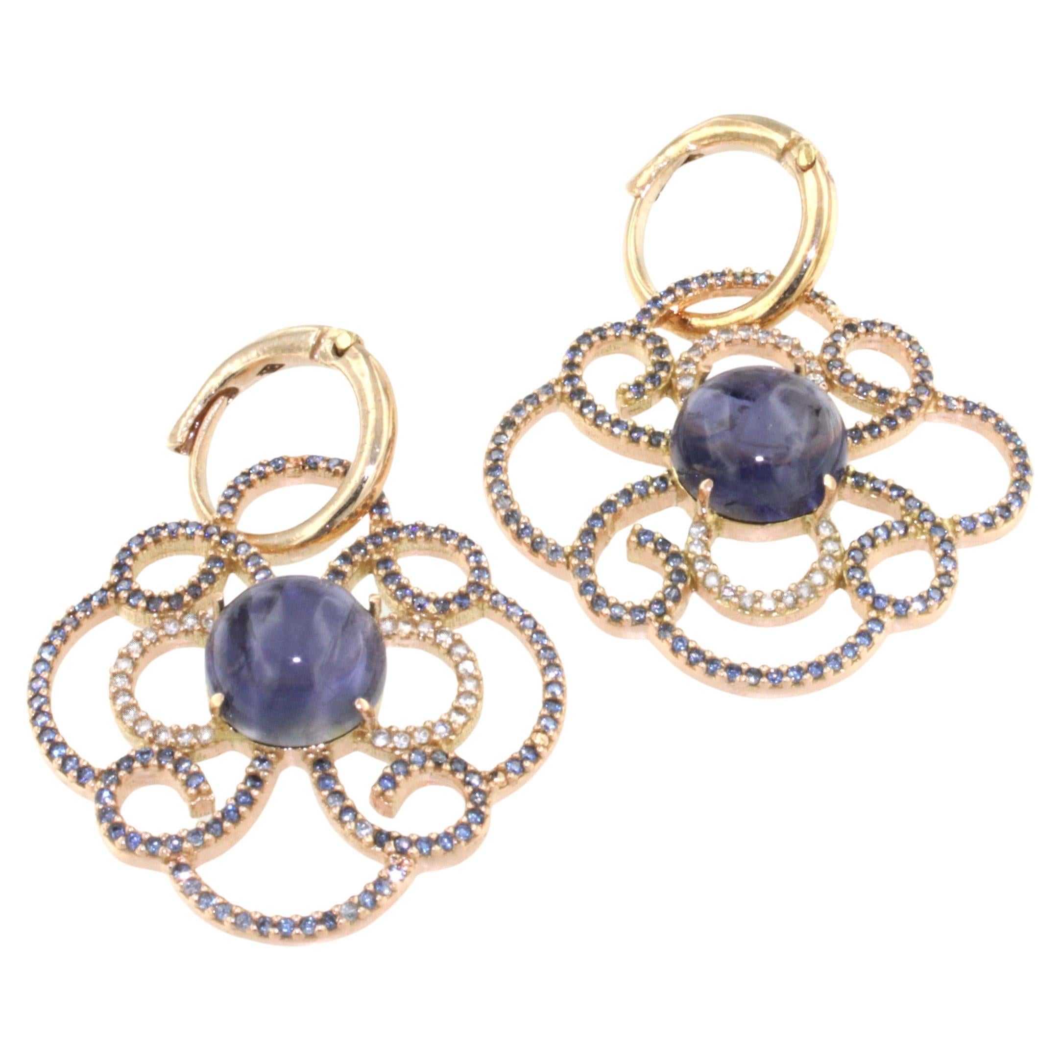 14kt Rose Gold with Iolite Tanzanites and White Diamonds Modern Earrings For Sale