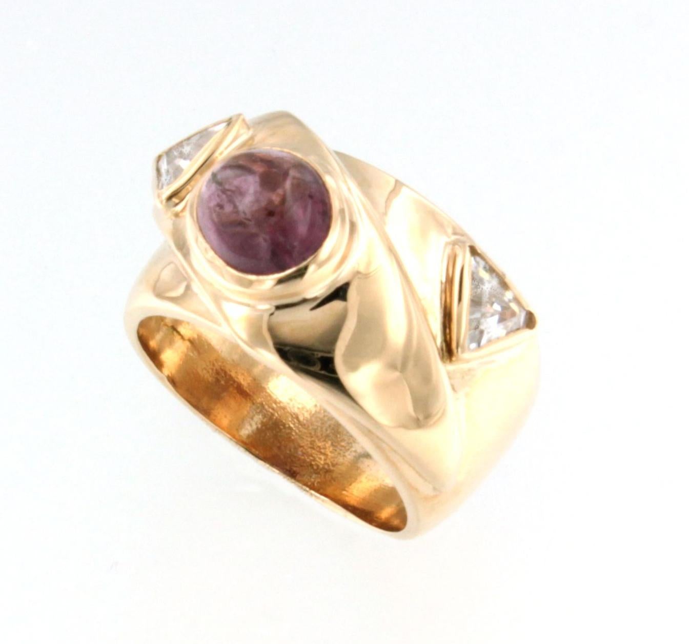 Modern 14kt Rose Gold with Pink Tourmaline and White Triangular Swarovski Stone Ring For Sale