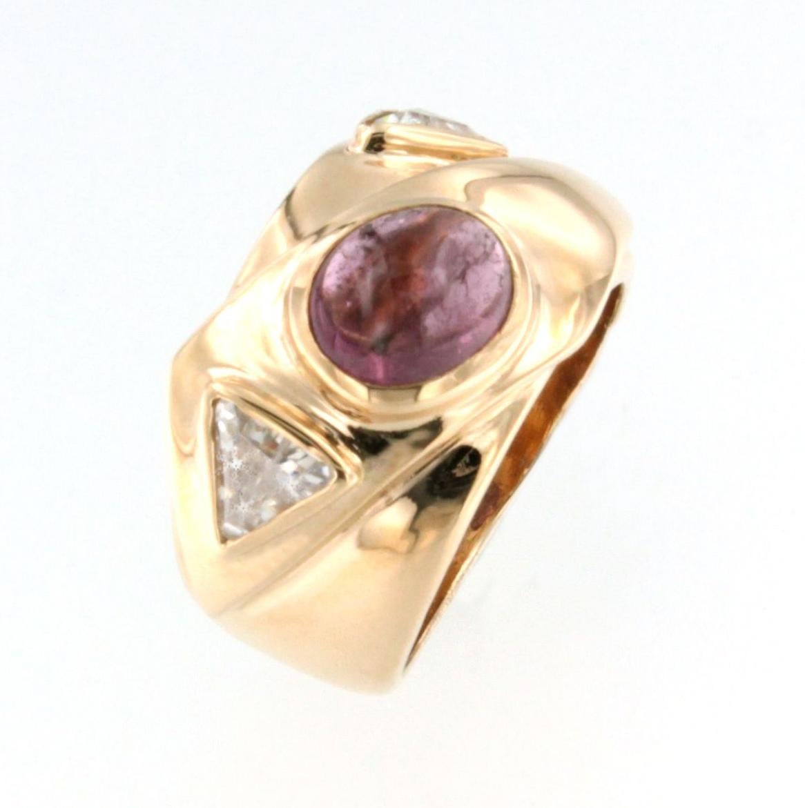 Trillion Cut 14kt Rose Gold with Pink Tourmaline and White Triangular Swarovski Stone Ring For Sale