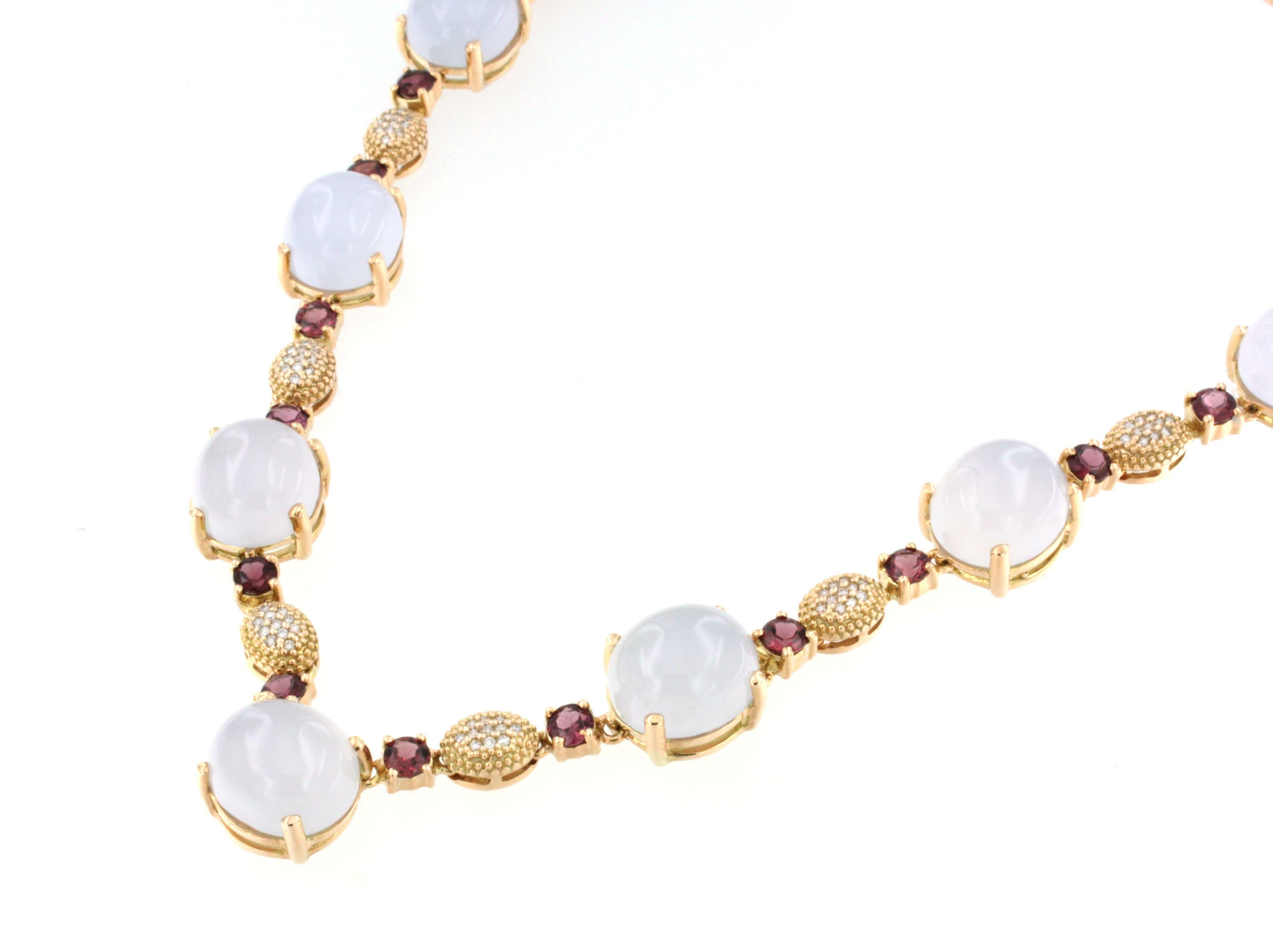 Modern and classic necklace , suitable for any occasion 

14kt rose gold g.56.80   cm 38     Stones: Calcedony cts 84.50 round cabochon cut, Pink tourmaline and white diamonds cts0.72 
All Stanoppi Jewelry is new and has never been previously owned