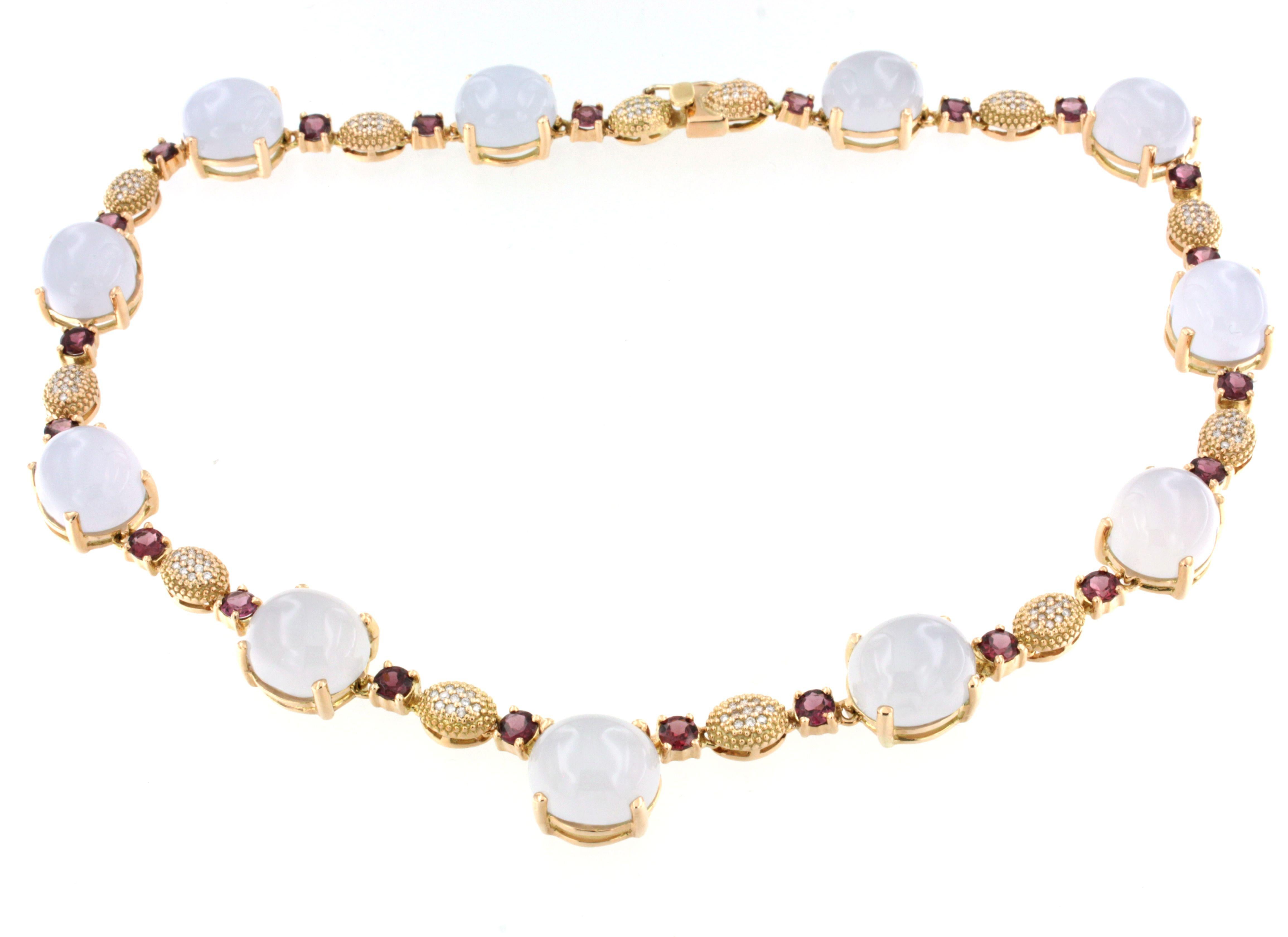 Modern 14kt Rose Gold with Pink Tourmaline White Diamonds and Calcedony Stones Necklace For Sale