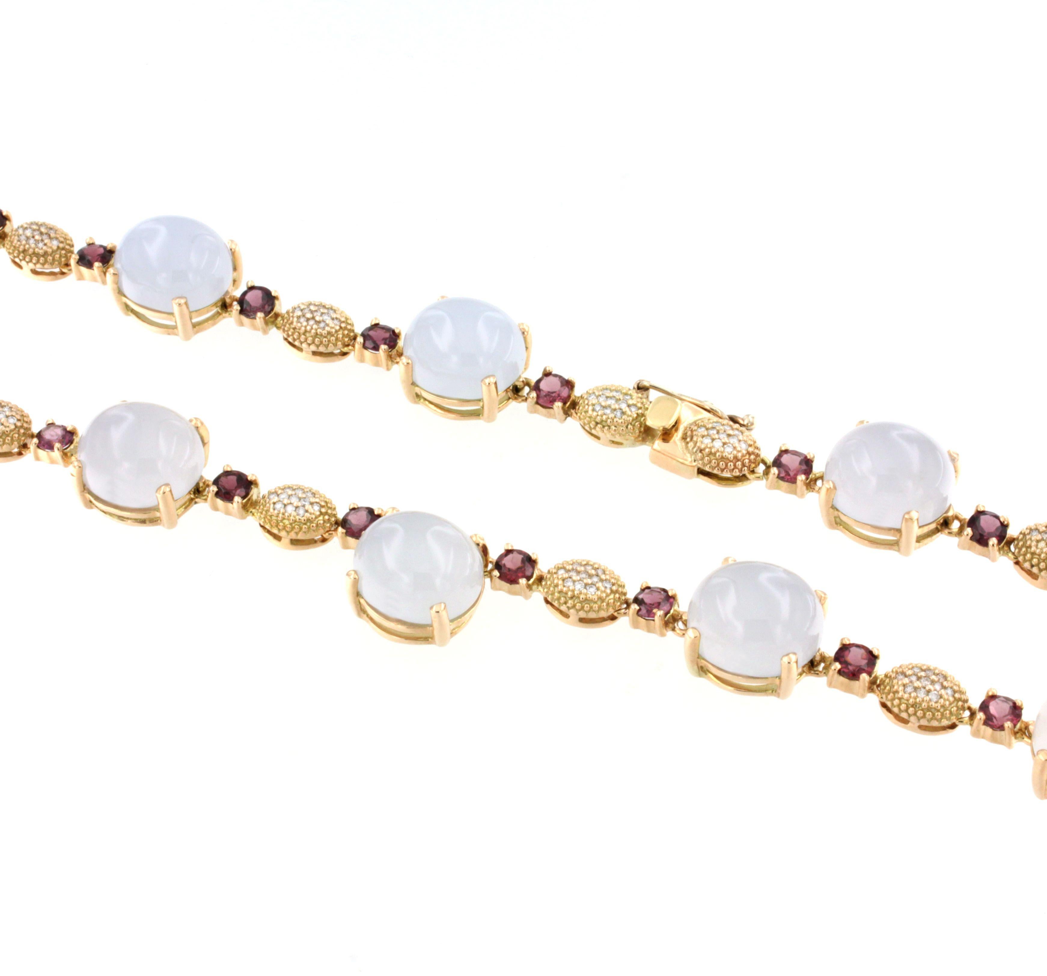 Cabochon 14kt Rose Gold with Pink Tourmaline White Diamonds and Calcedony Stones Necklace For Sale