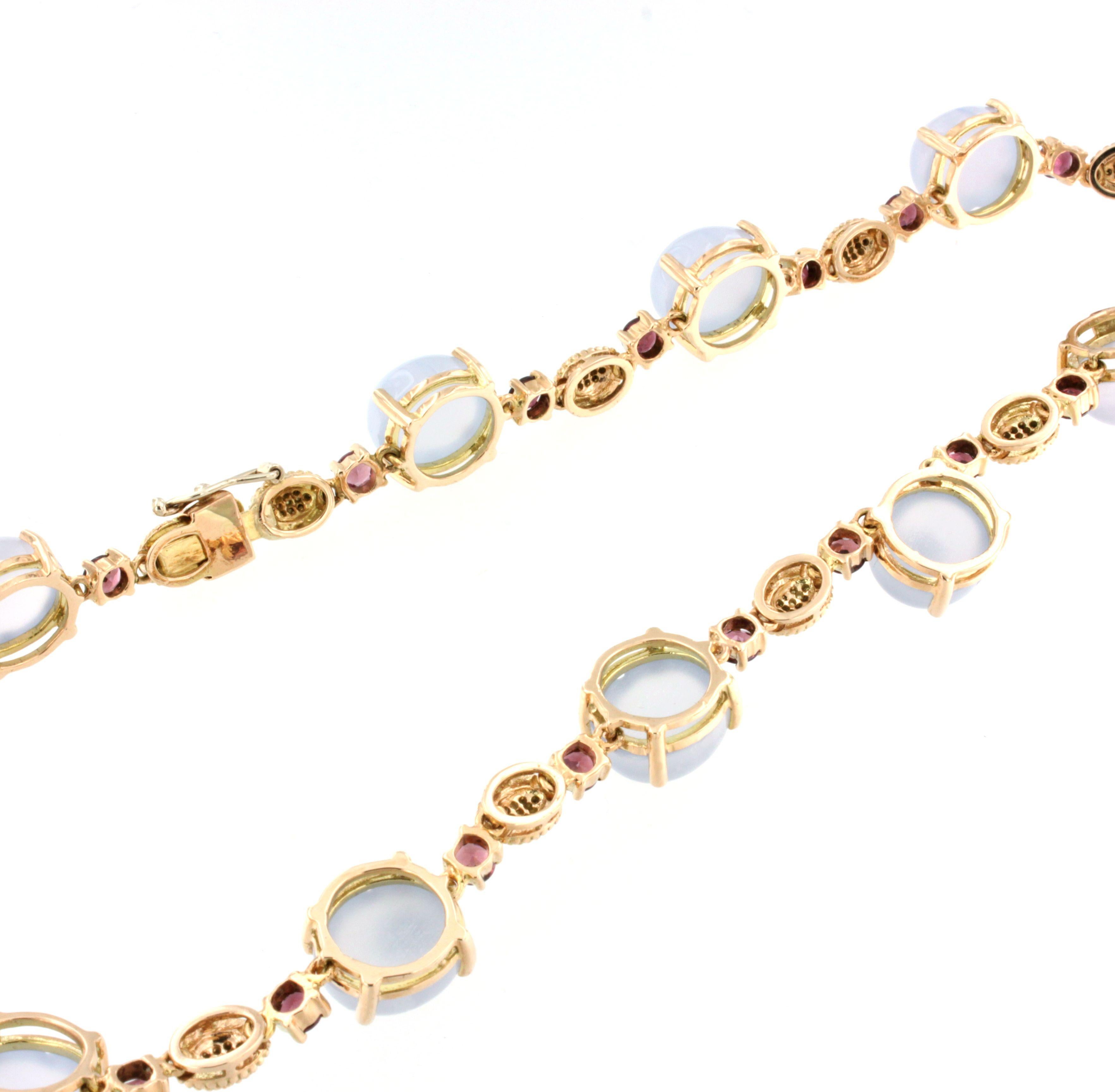 14kt Rose Gold with Pink Tourmaline White Diamonds and Calcedony Stones Necklace In New Condition For Sale In GALLARATE, IT