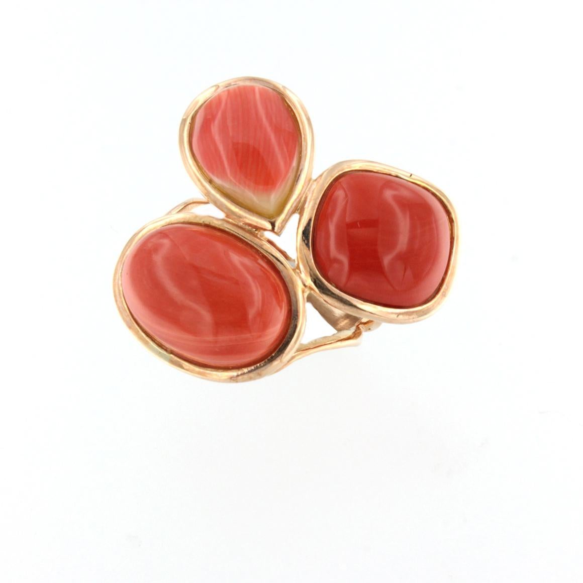 Bague en or rose 14 carats avec corail rouge Unisexe en vente