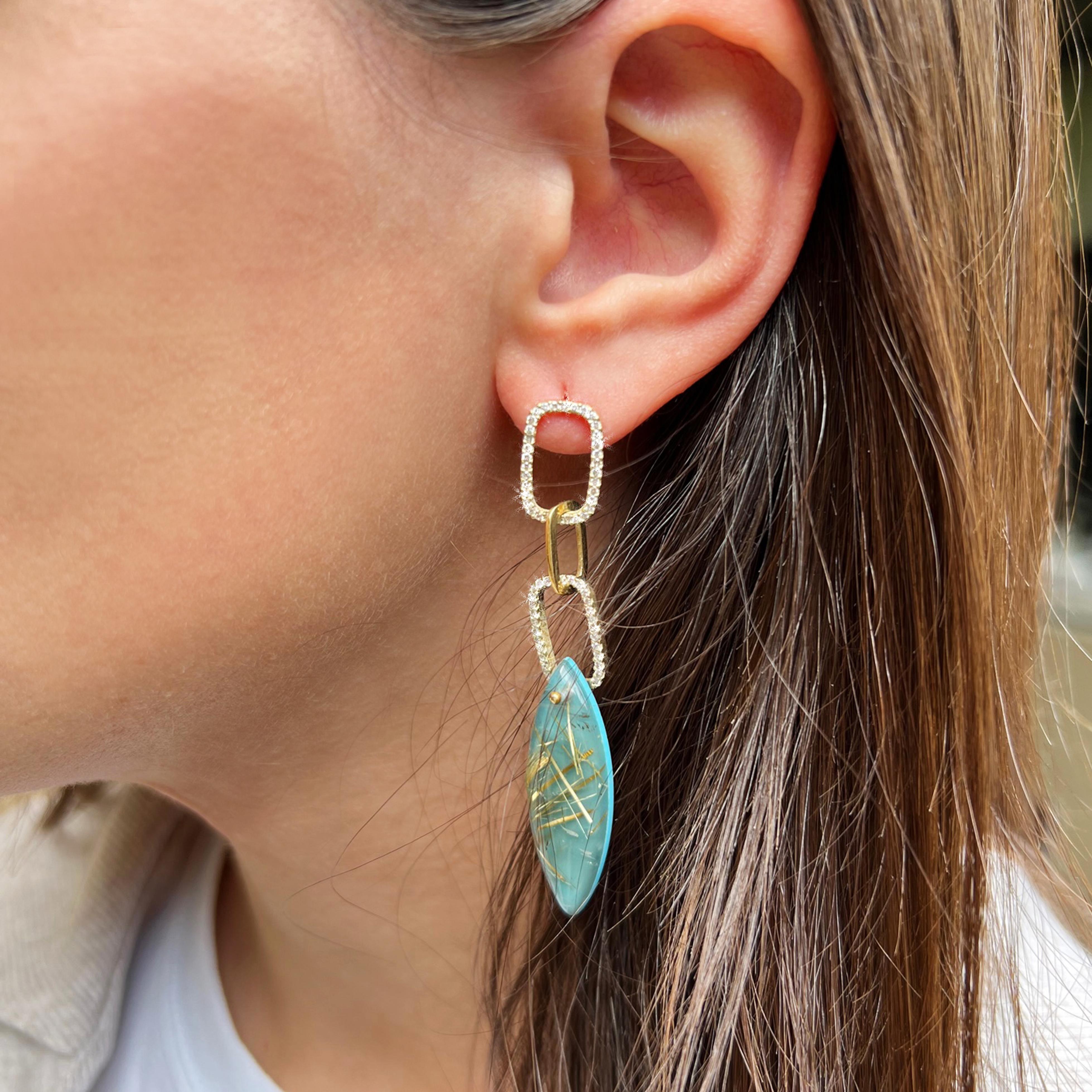 Modern 14Kt Rose Gold with Turquoise, Rutilated Quartz, White Diamonds Earrings For Sale