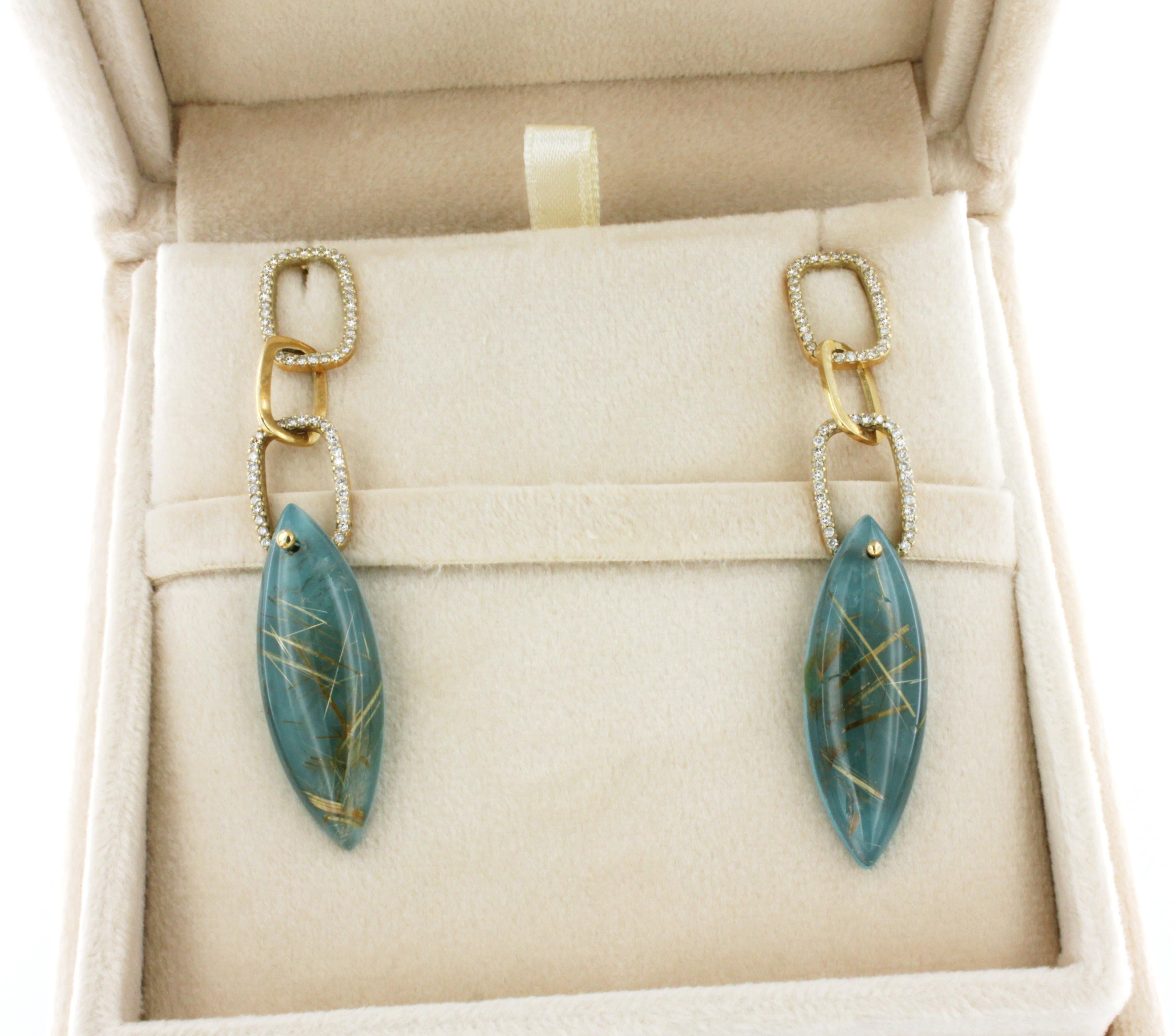 14Kt Rose Gold with Turquoise, Rutilated Quartz, White Diamonds Earrings In New Condition For Sale In GALLARATE, IT