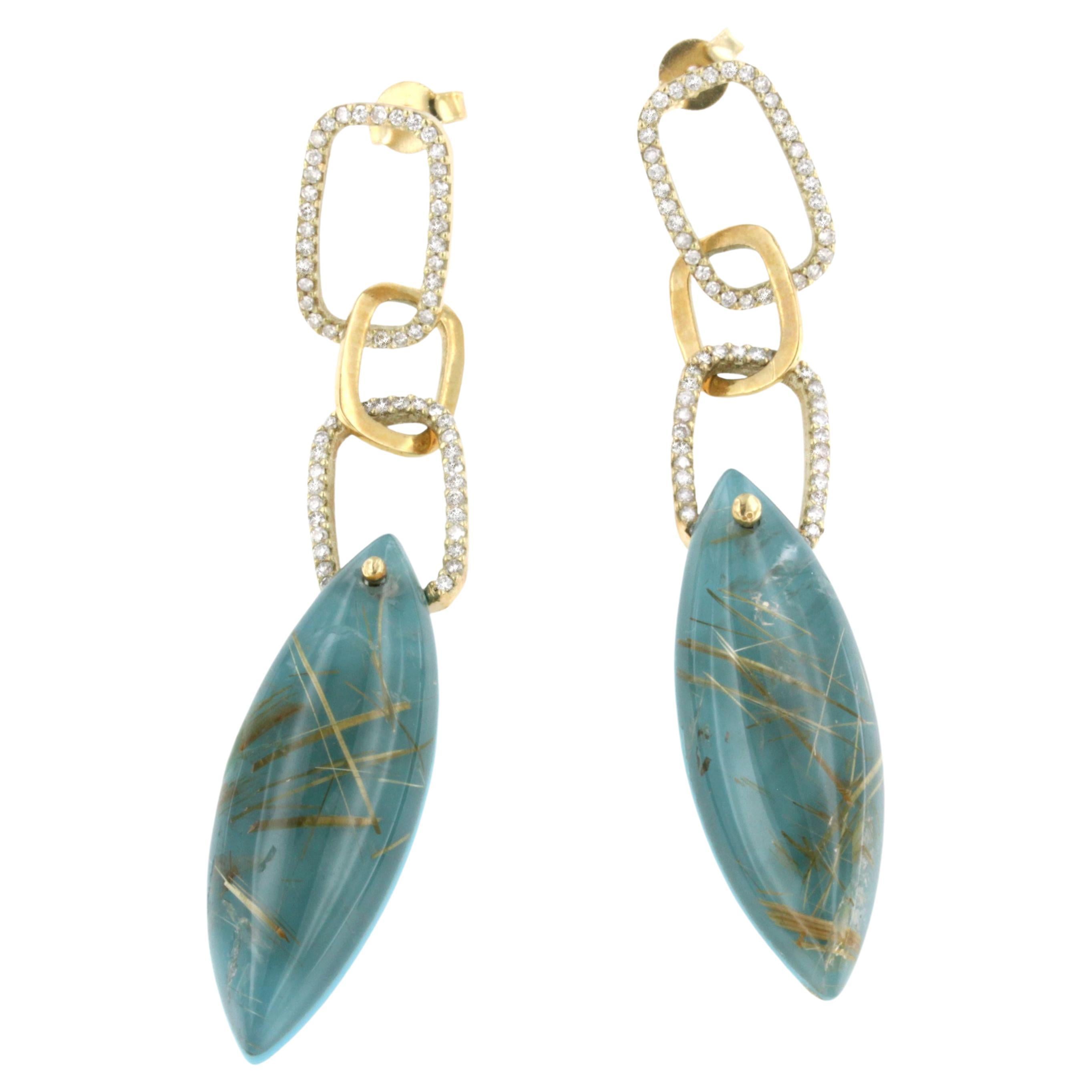 Boucles d'oreilles en or rose 14 carats avec turquoise, quartz rutile et diamants blancs