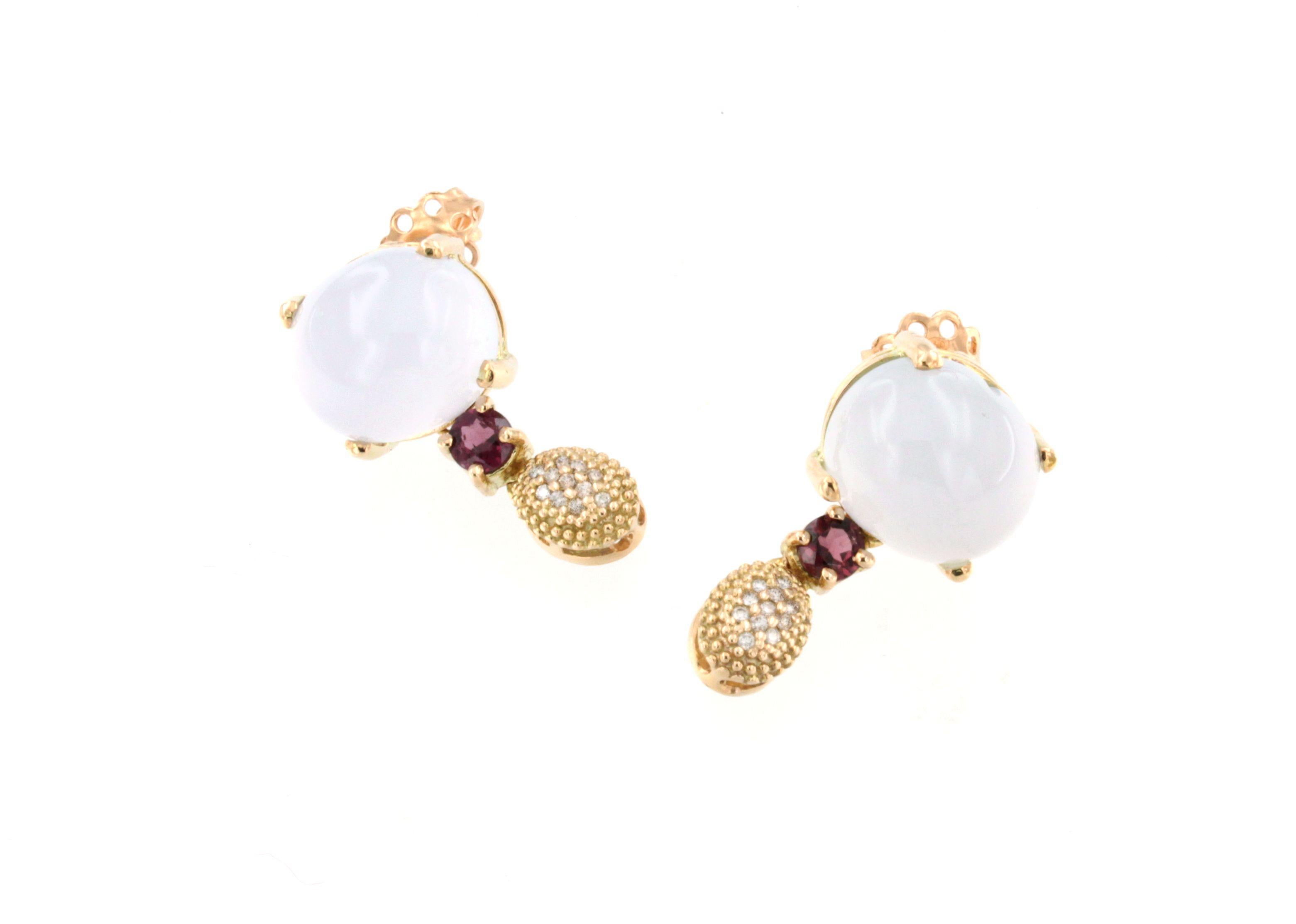 Modern, classic, timeless earrings are the perfect finishing touch to any look.

Earrings g.10.10   Stones: Calcedony, pink tourmaline, white diamonds cts  0,12
Can be combined with a beautiful necklace in rose gold 
All Stanoppi Jewelry is new and