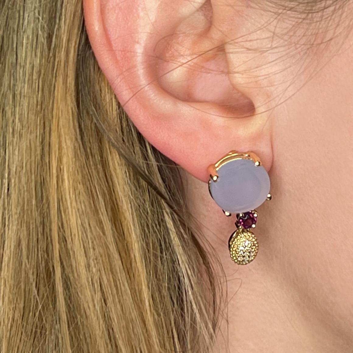Modern 14Kt Rose Gold With White Diamonds Pink Tourmaline and Calcedony Earrings For Sale
