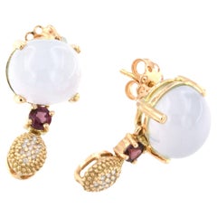 Orecchini in oro rosa 14Kt con diamanti bianchi, tormalina rosa e calcedonio