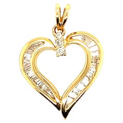 14kt Round and Baguette Diamond Heart Pendant 