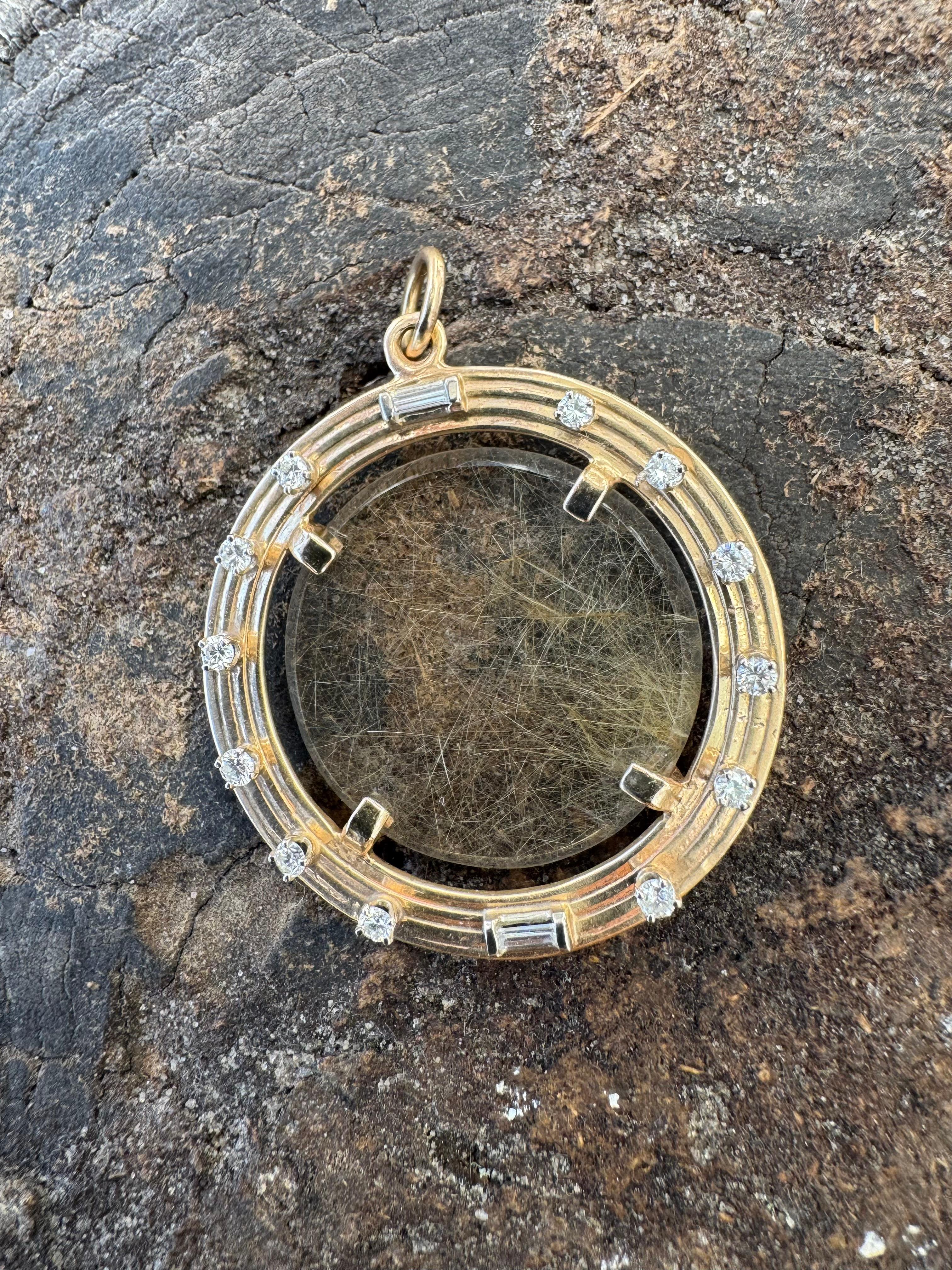 Mixed Cut 14kt rutilated Quartz, gold and diamond pendant For Sale