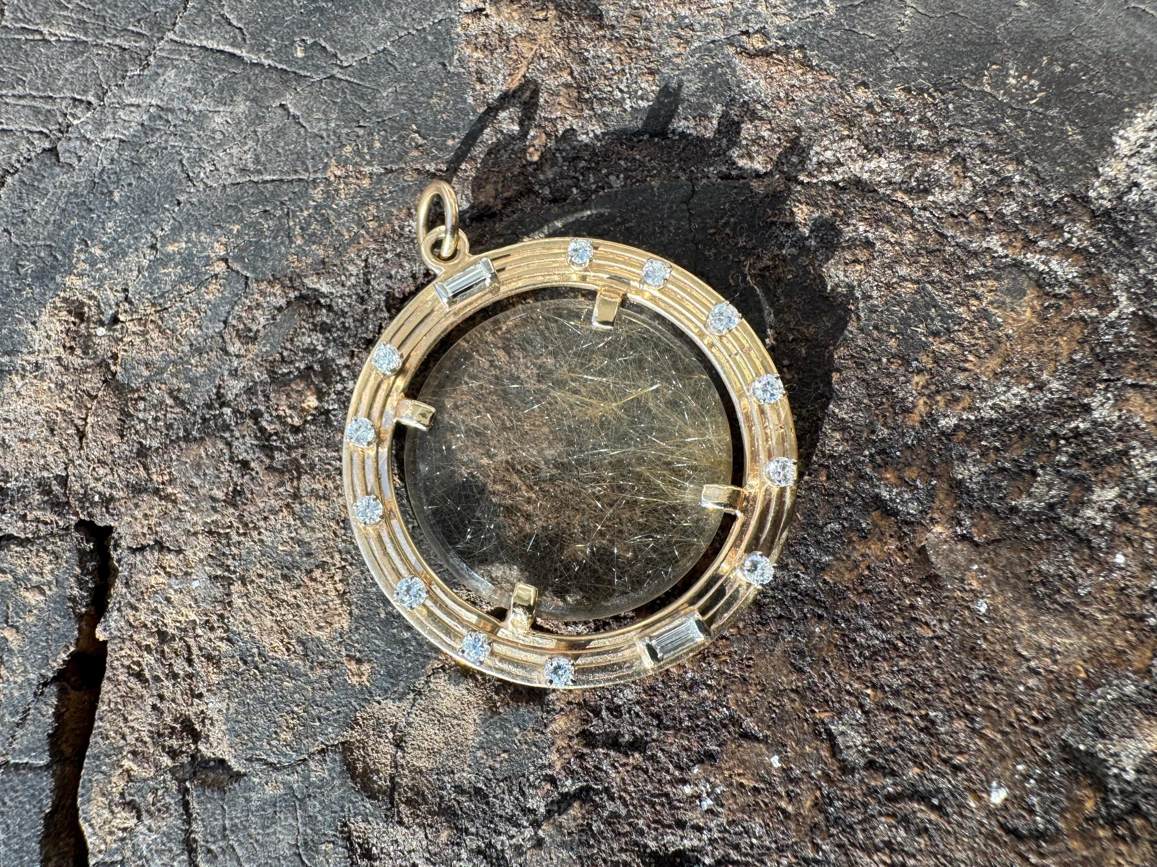 14kt rutilated Quartz, gold and diamond pendant In New Condition For Sale In Birmingham, MI