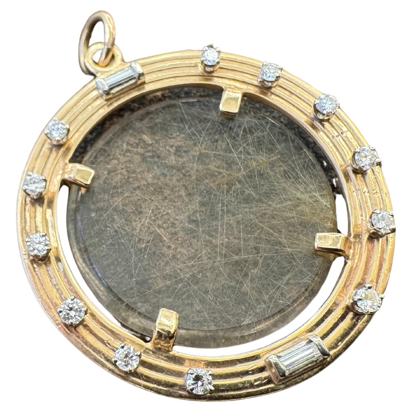 14kt rutilated Quartz, gold and diamond pendant For Sale