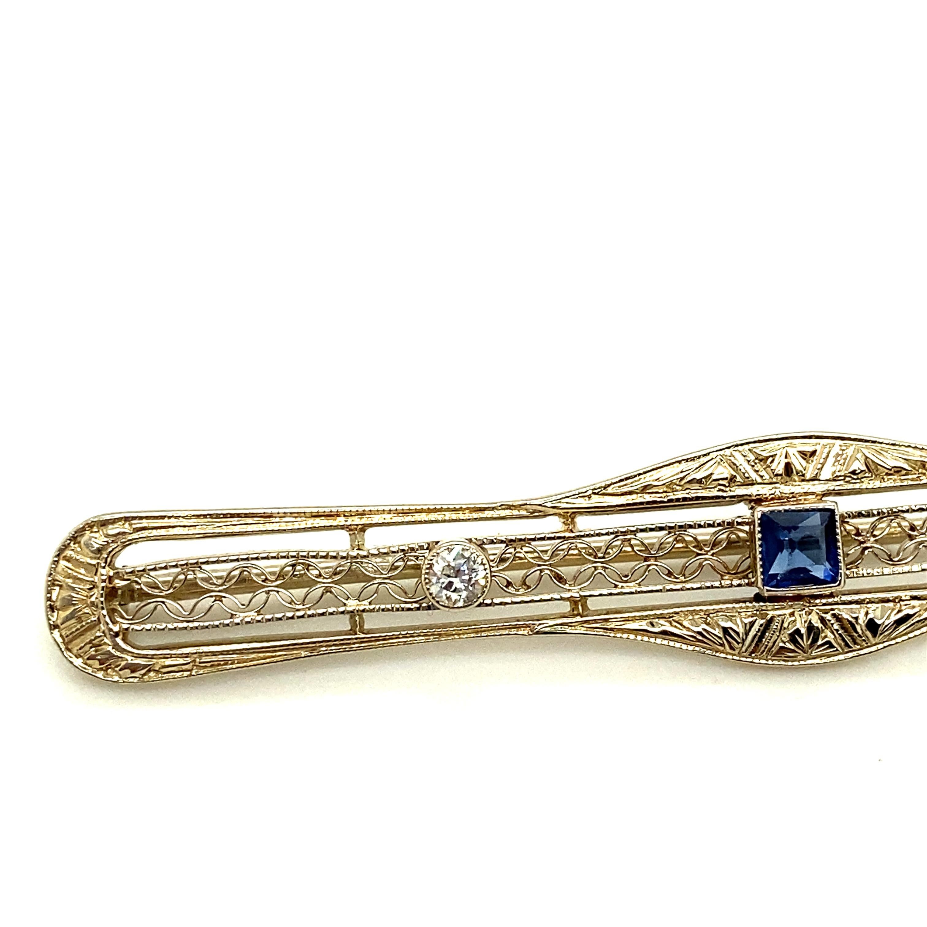 Women's or Men's 14kt Sapphire and Diamond Art Deco Pin