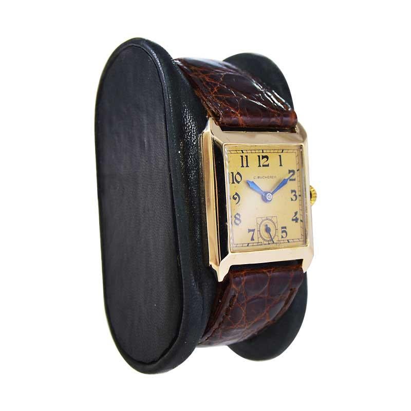 FACTORY / HOUSE: Bucherer Jewelers 
STYLE / REFERENCE: Art Deco Tank Style 
METAL / MATERIAL: 14Kt. Solid Gold 
CIRCA / YEAR: 1930's
DIMENSIONS / SIZE: Length 29mm X Width 32mm
MOVEMENT / CALIBER: Manual Winding / 17 Jewels / Caliber AS340
DIAL /