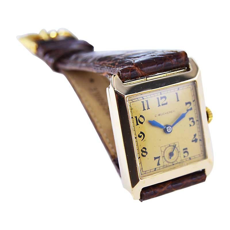 14Kt. Solid Gold Art Deco Tank Watch with Original Dial circa 1930's by Bucherer In Excellent Condition For Sale In Long Beach, CA