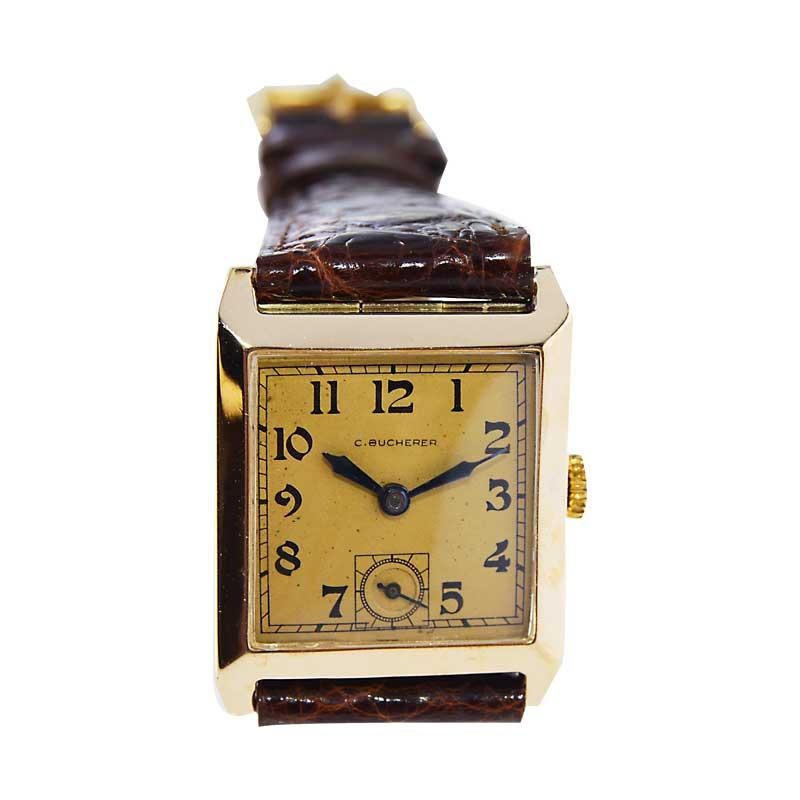 Women's or Men's 14Kt. Solid Gold Art Deco Tank Watch with Original Dial circa 1930's by Bucherer For Sale