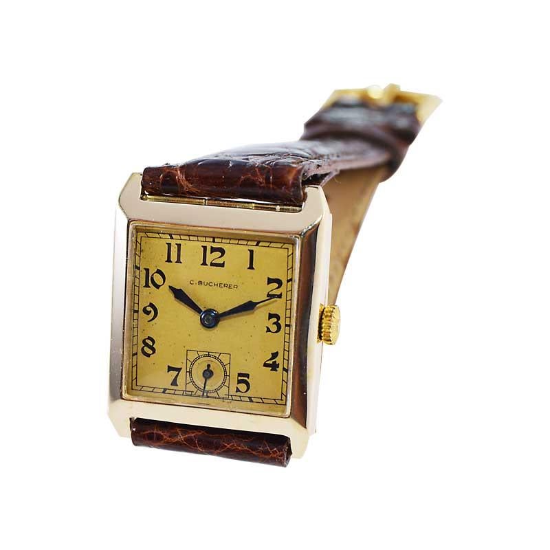 14Kt. Solid Gold Art Deco Tank Watch with Original Dial circa 1930's by Bucherer For Sale 1