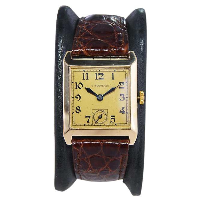 14Kt. Solid Gold Art Deco Tank Watch with Original Dial circa 1930's by Bucherer For Sale