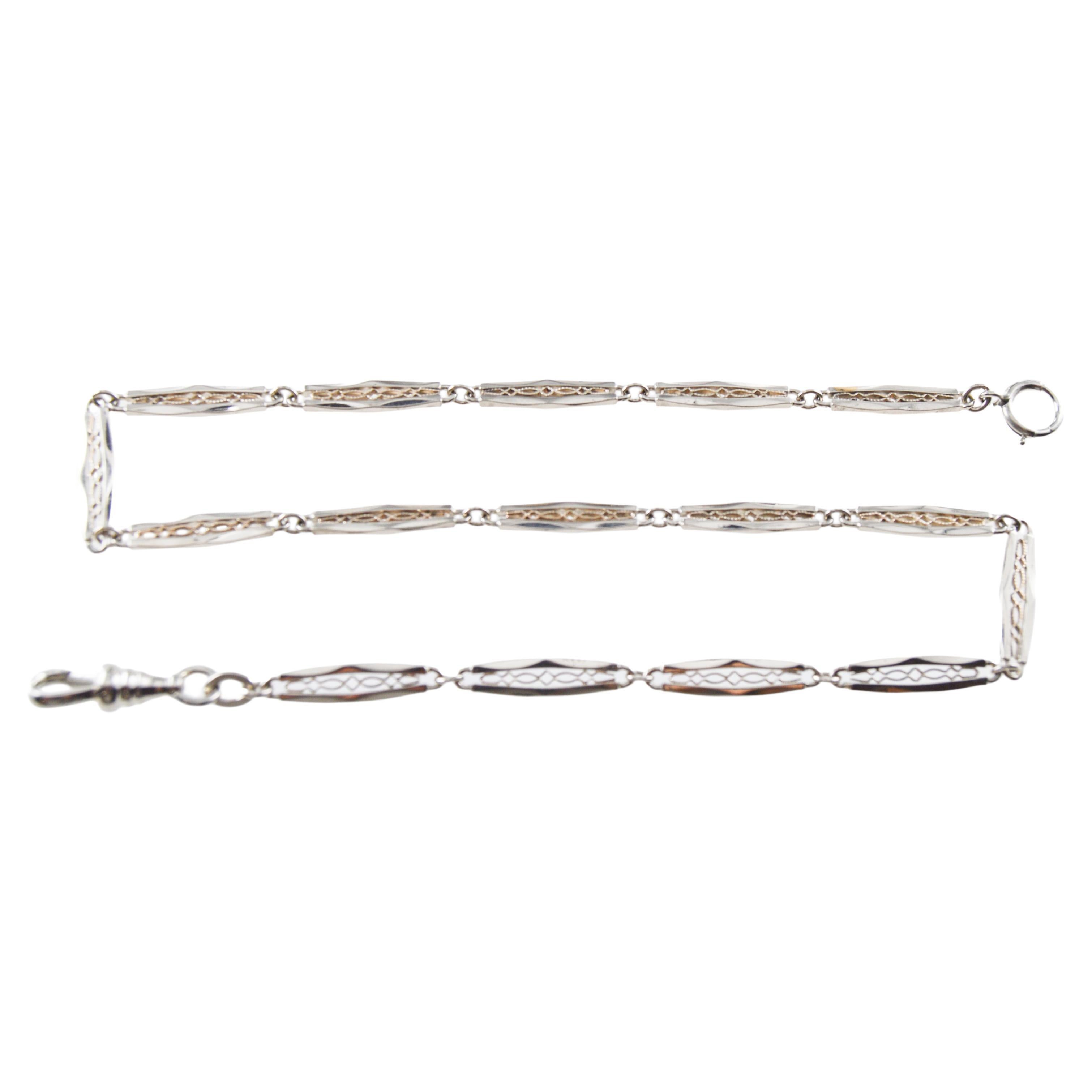 14Kt Solid White Gold Hand Constructed Art Deco Bracelet Chain 1930's