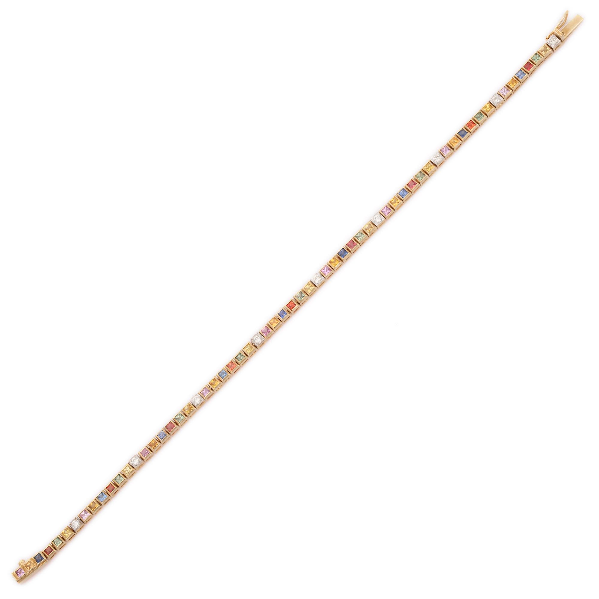 Modern 14kt Solid Yellow Gold 2mm Square Multi Sapphire Tennis Bracelet with Diamonds For Sale