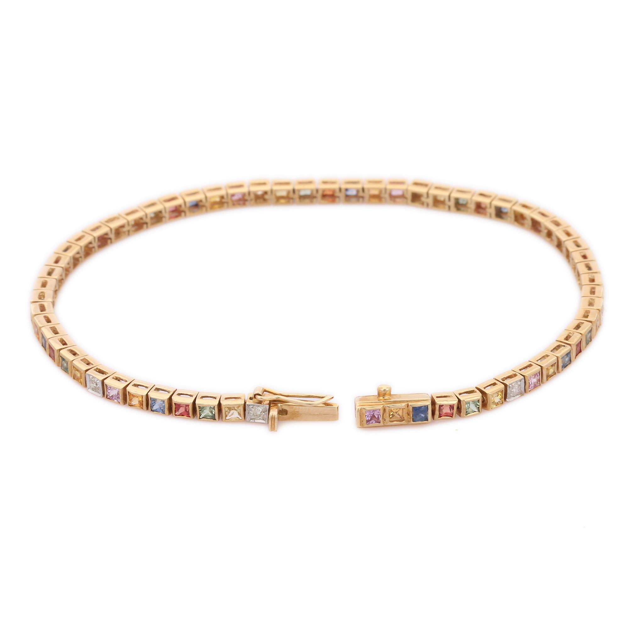 Square Cut 14kt Solid Yellow Gold 2mm Square Multi Sapphire Tennis Bracelet with Diamonds For Sale